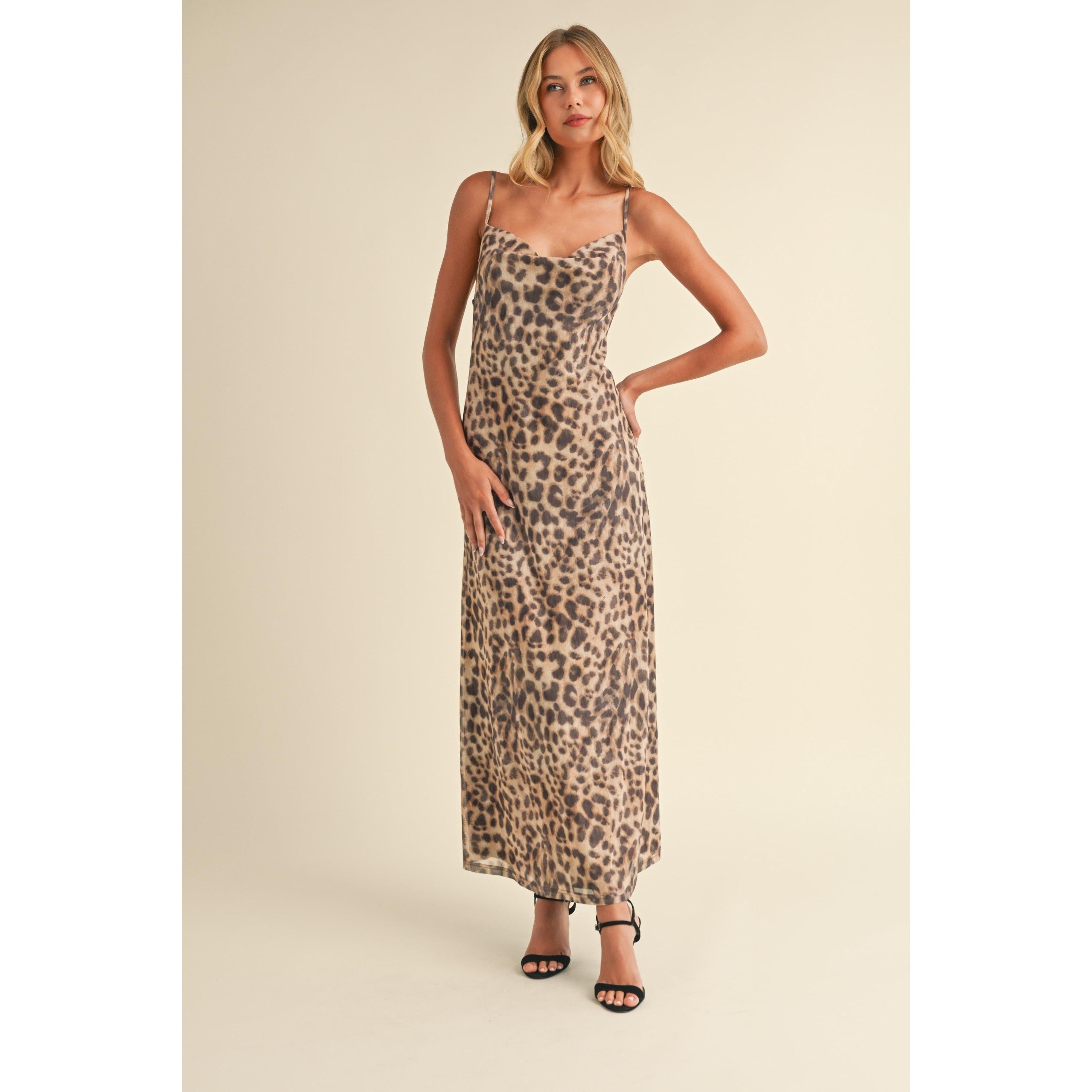 Cowl Neck Mesh Maxi Dress || Leopard