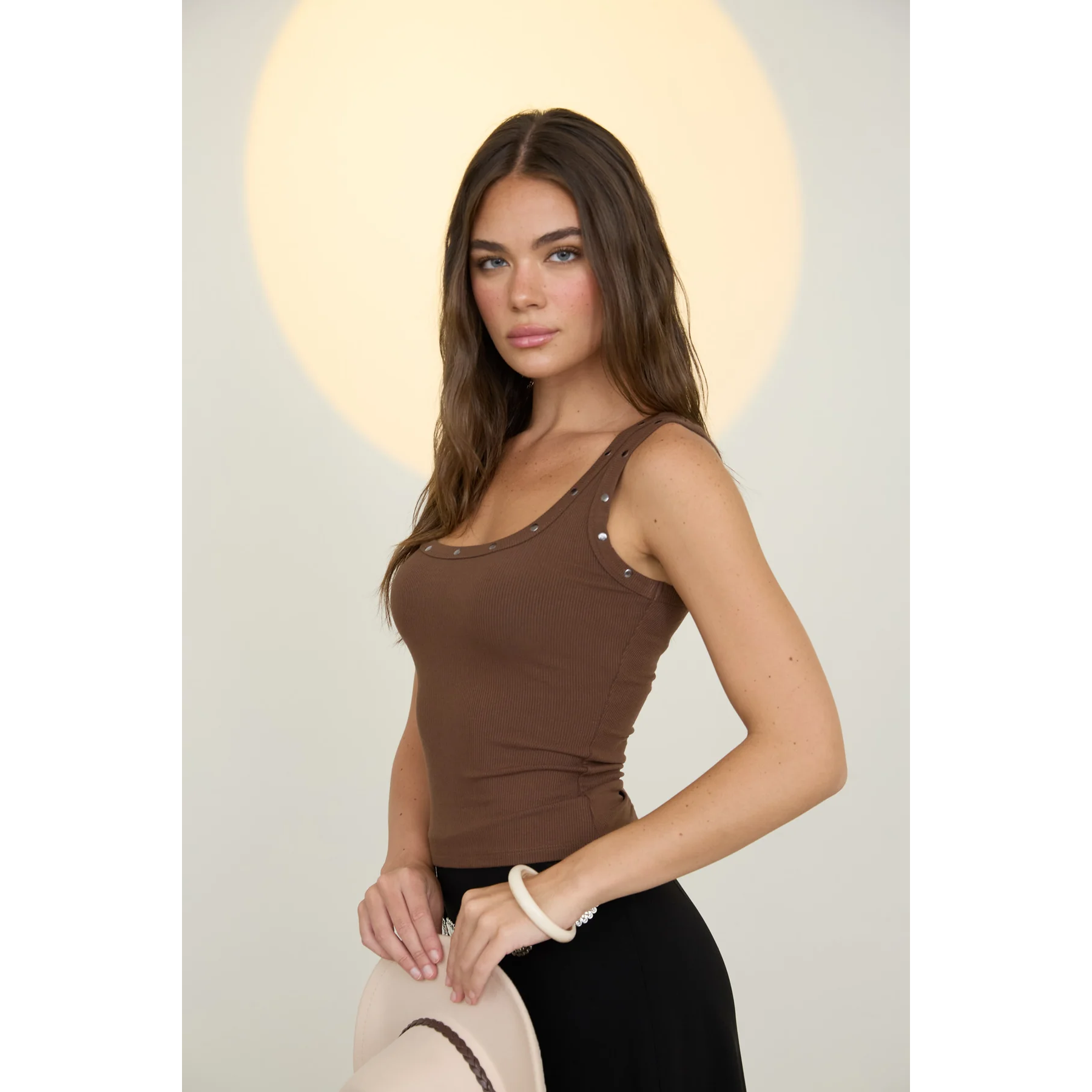 Ribbed Stud Detail Tank || Chocolate