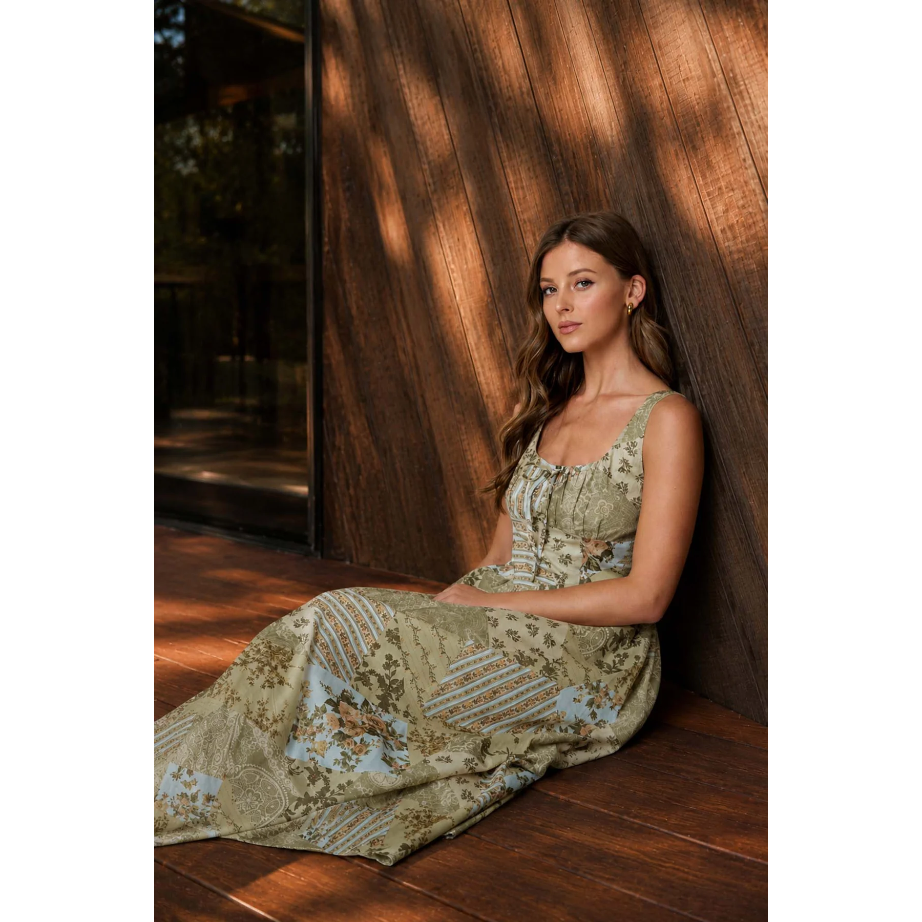 Mixed Pattern Sleeveless Corset Midi Dress  || Olive