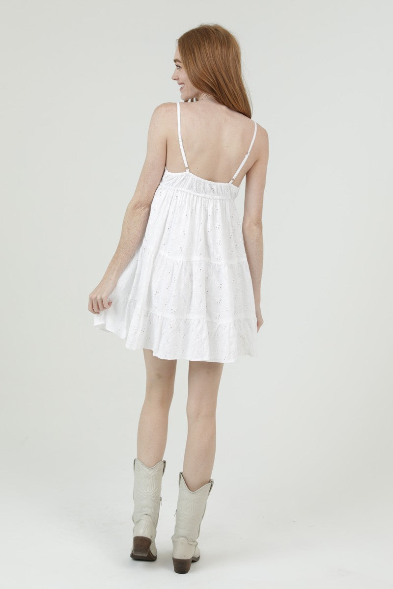 Eyelet Lace Trim Tiered Sundress || White