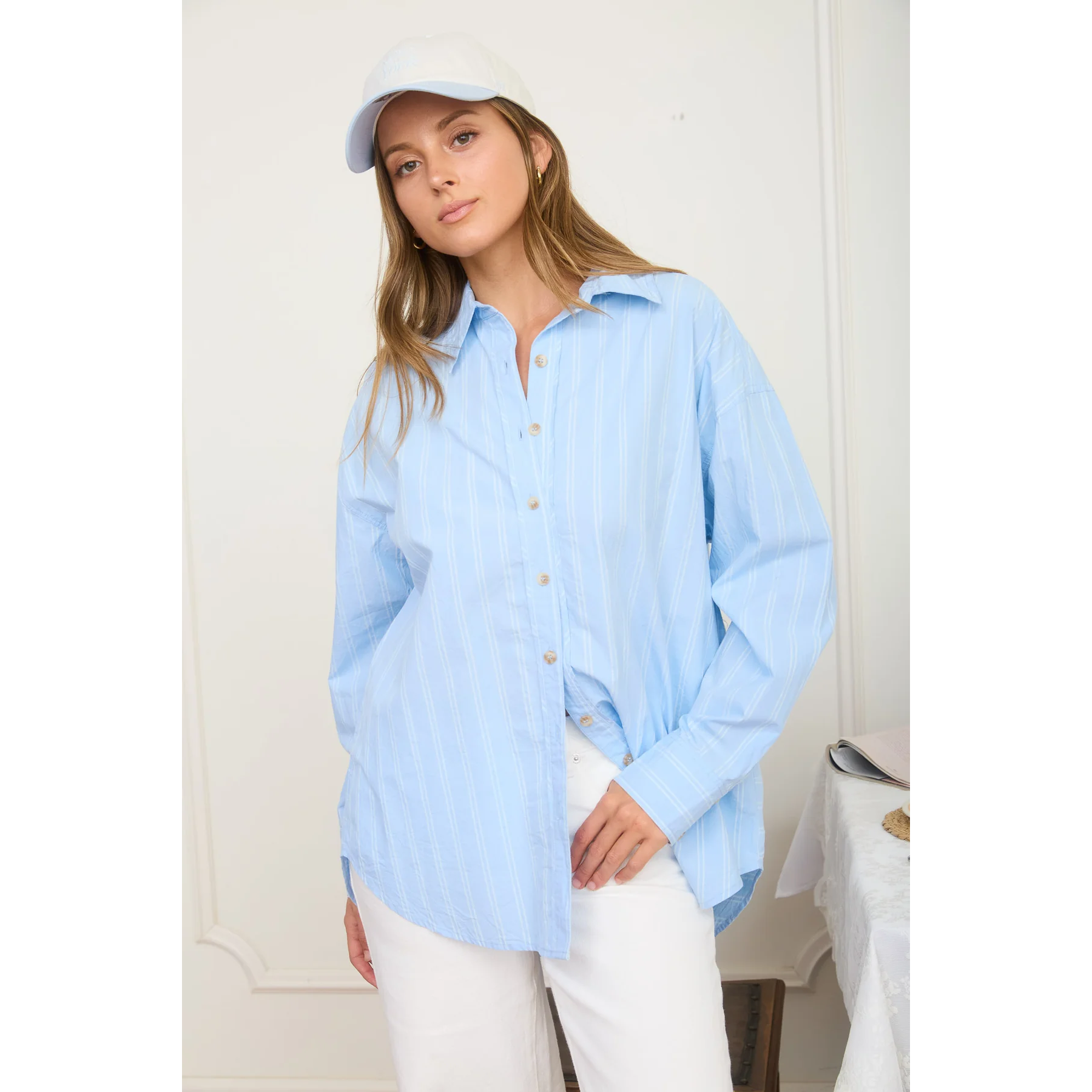 Stripe Oversized Long Sleeve Shirt || Light Blue