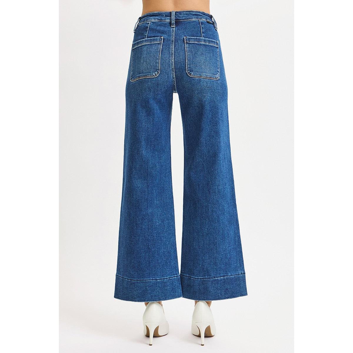 Risen High Rise Crop Wide Front Patch Pocket Jeans