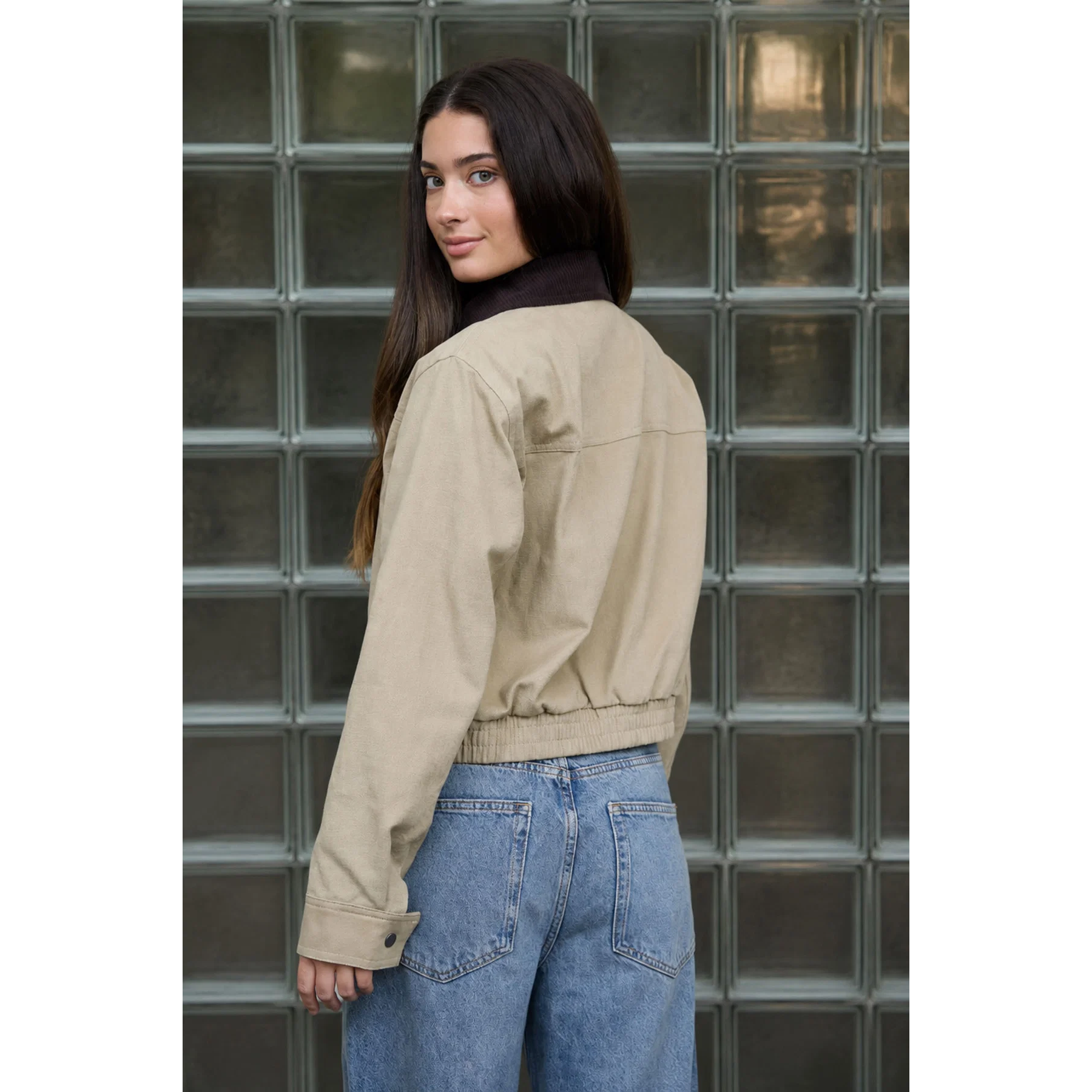 Contrast Corduroy Collar Jacket || Khaki