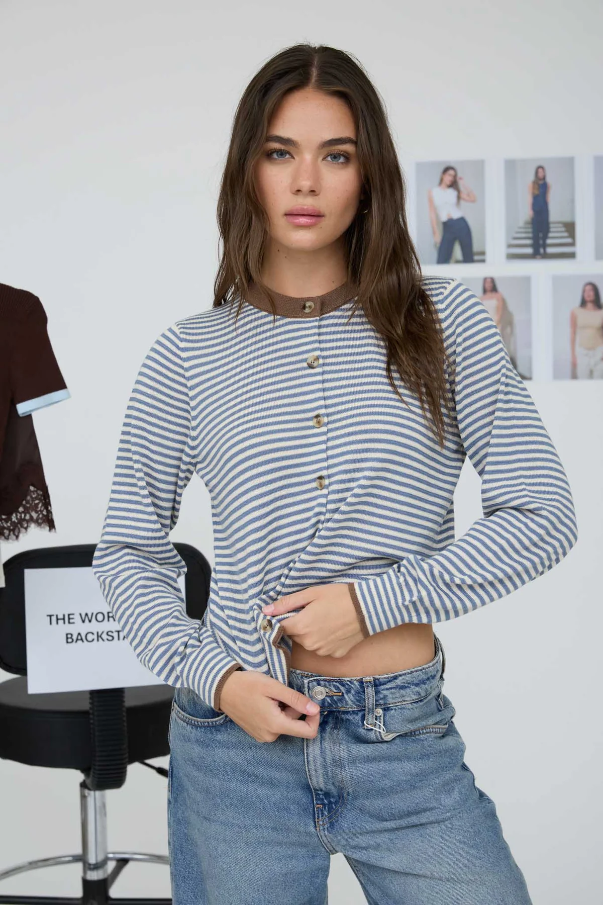 Stripe Button Down Knit Cardigan || Dusty Blue