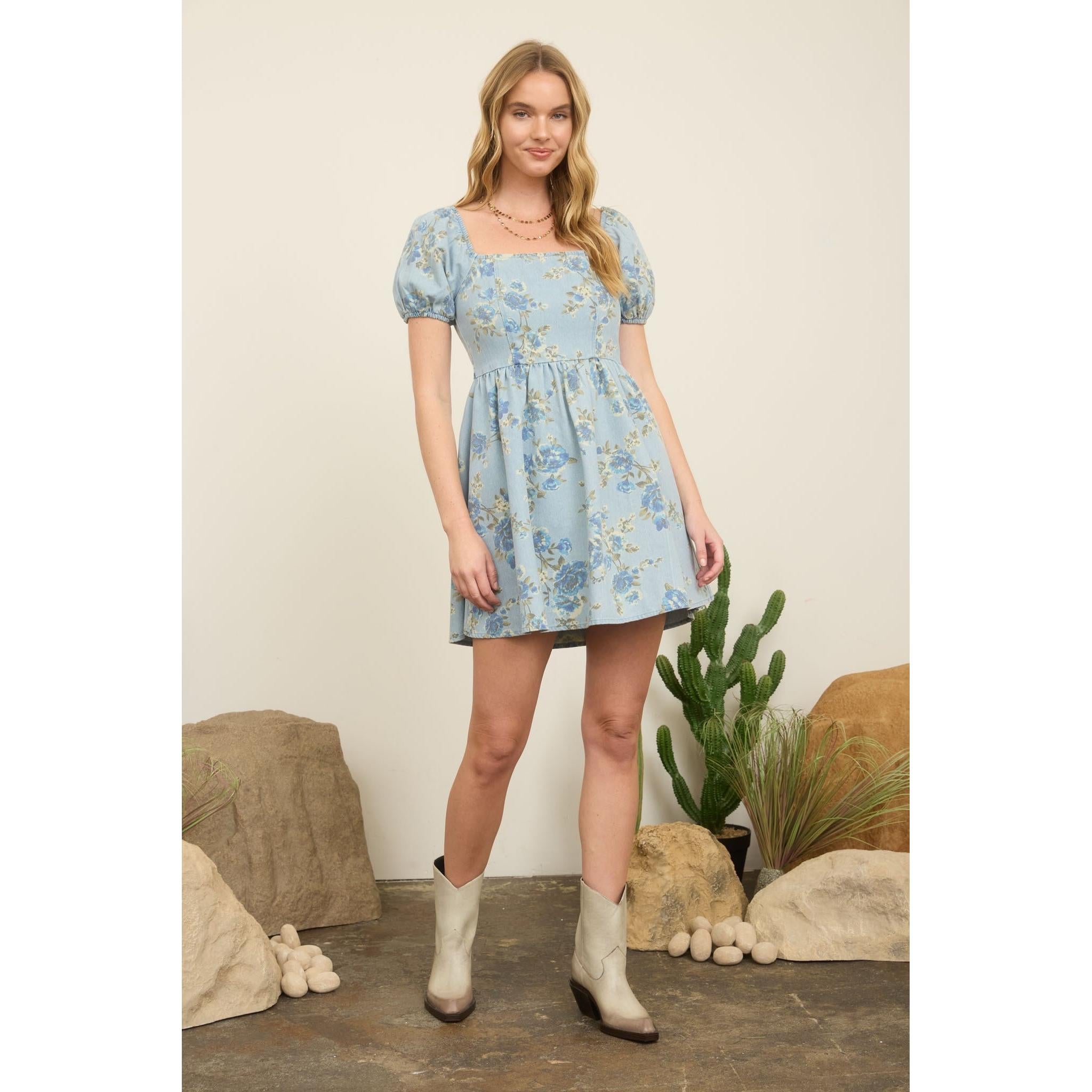 Floral Denim Puff Sleeve Mini Dress || Light Denim