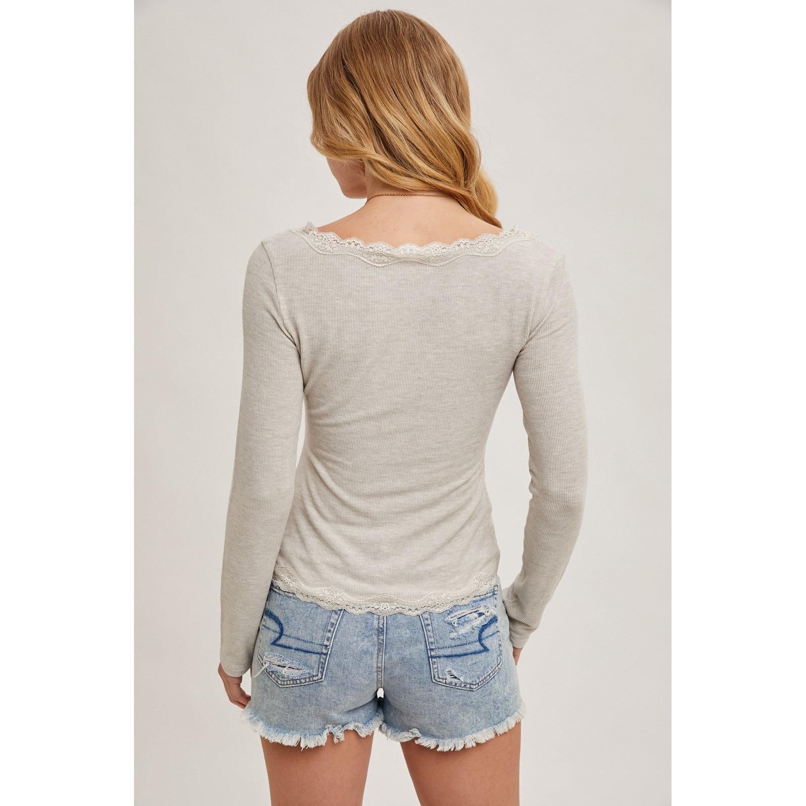 Button Down Lace Trimmed Cardigan Top || Oatmeal