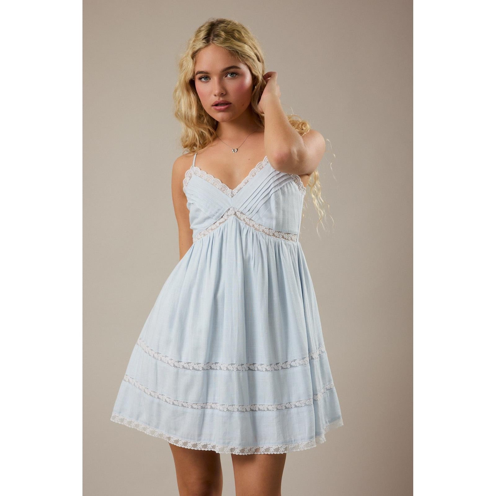 lace trim mini dress,  light blue mini dress, lace trim spaghetti strap dress