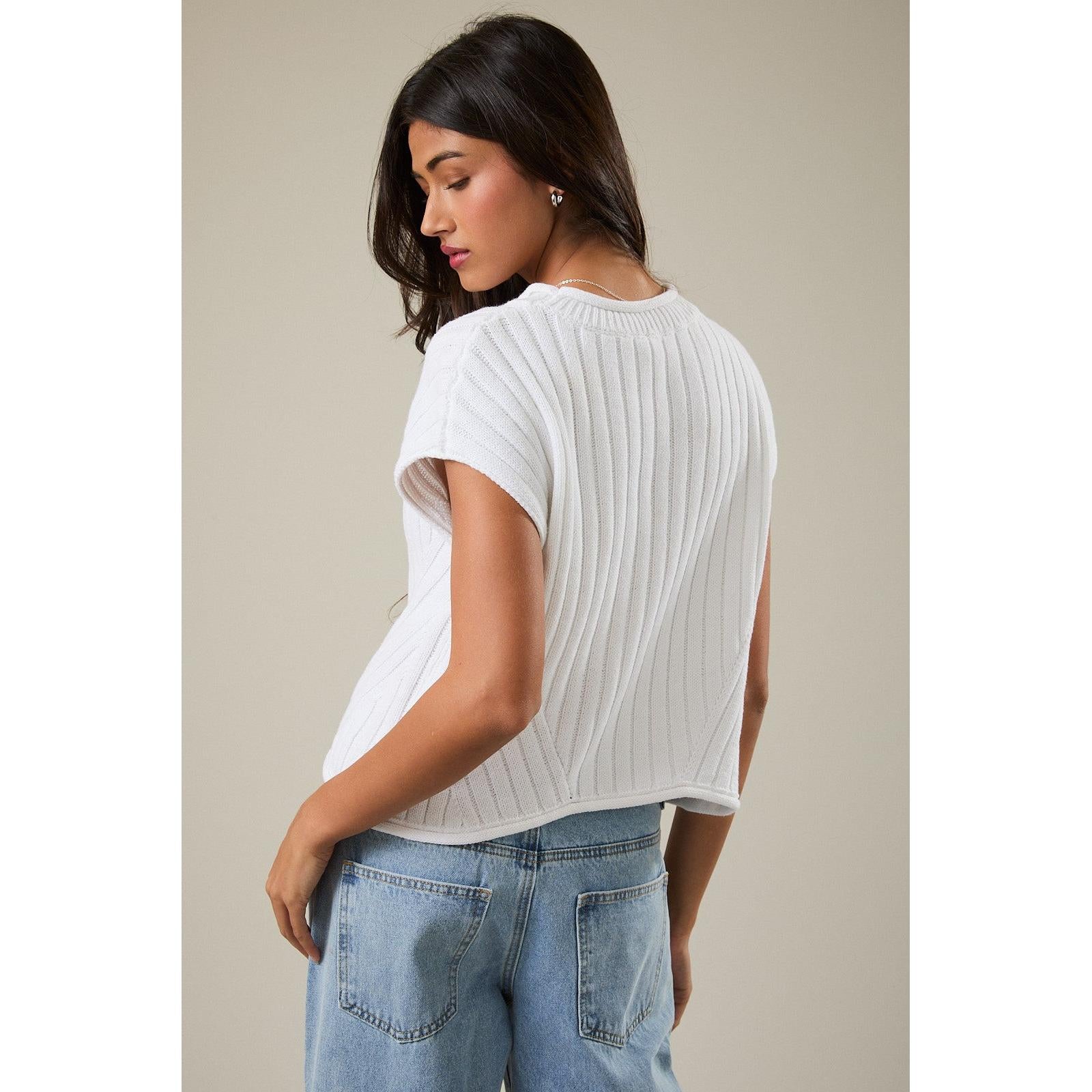 Crewneck Cap Sleeve Sweater || White