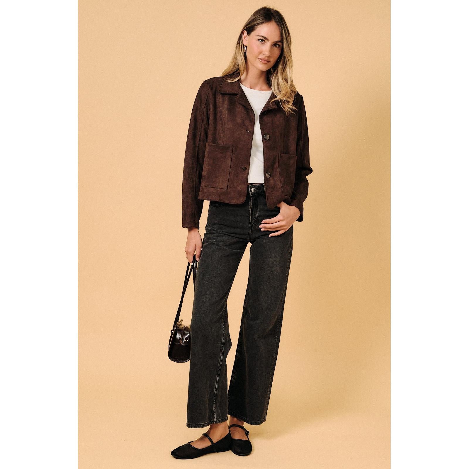 Faux Suede Button Down Jacket || Dark Brown