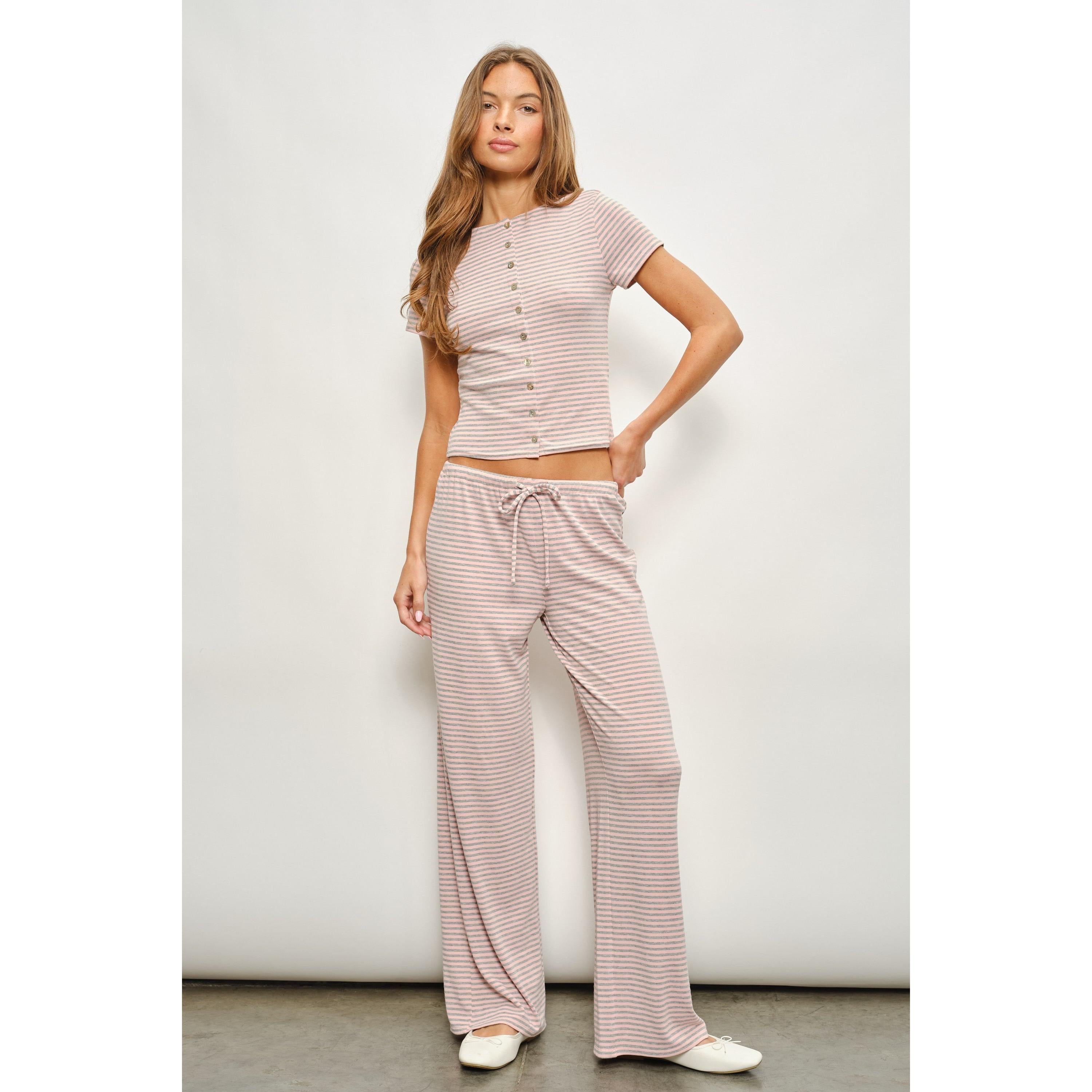 Soft Striped Button Up Top || Heather Grey-Pink