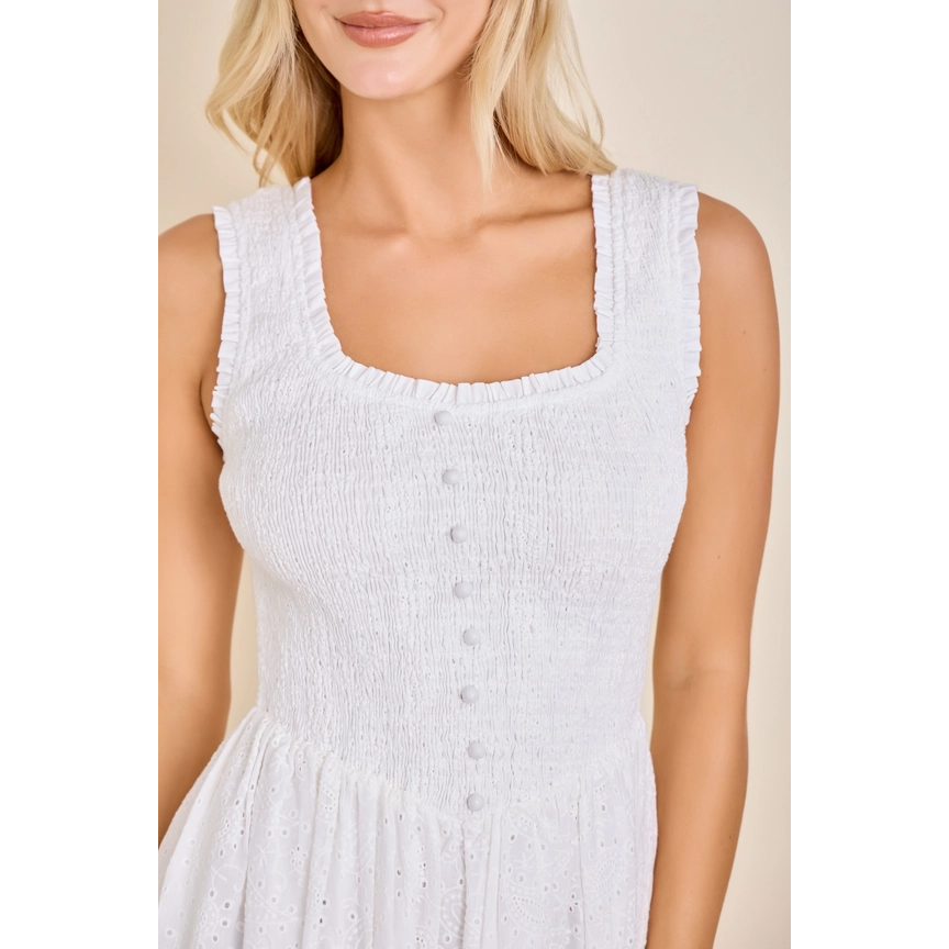 Eyelet Smocked Mini Dress || White