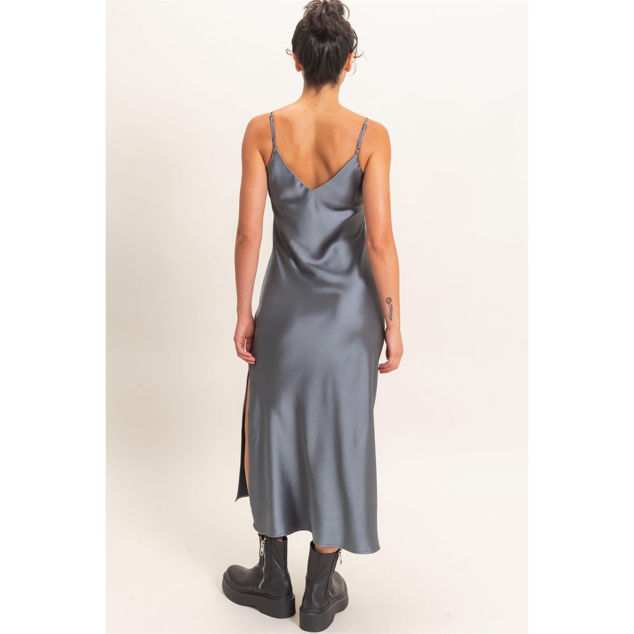 Satin V-neck Slip Dress || Dark Gray