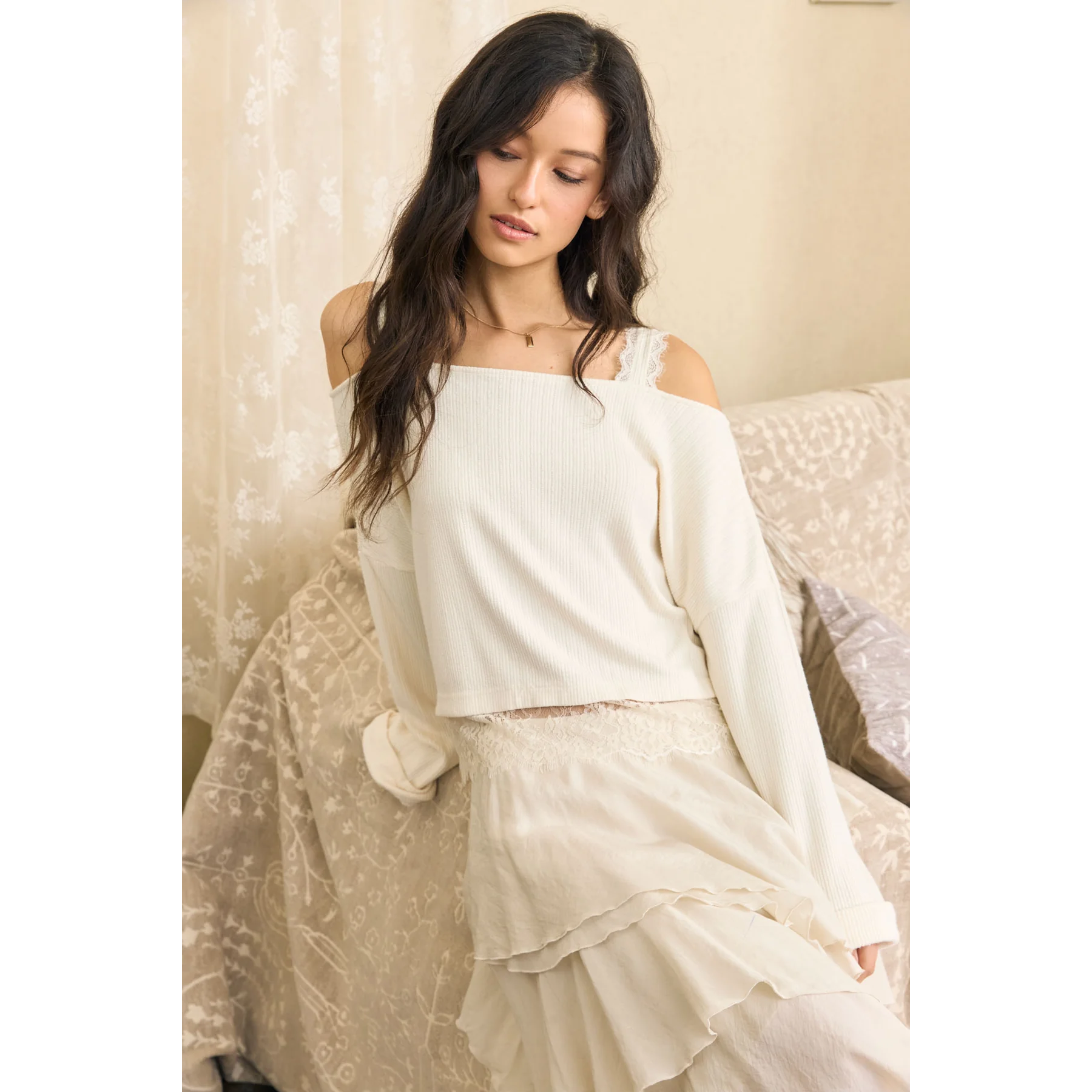 Off-shoulder Lace Strap Top || Cream
