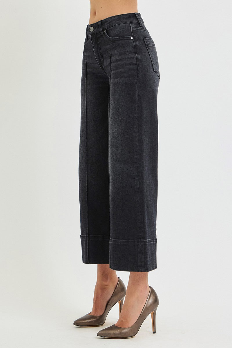 Risen Tummy Control Mid Rise Crop Wide Pintuck Jeans || Washed Black