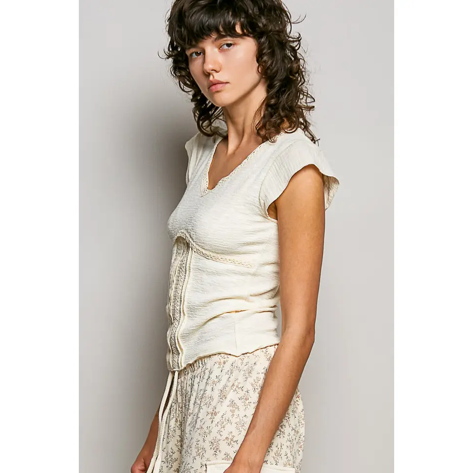 V-Neck Cap Sleeve Textured Top  || Cream