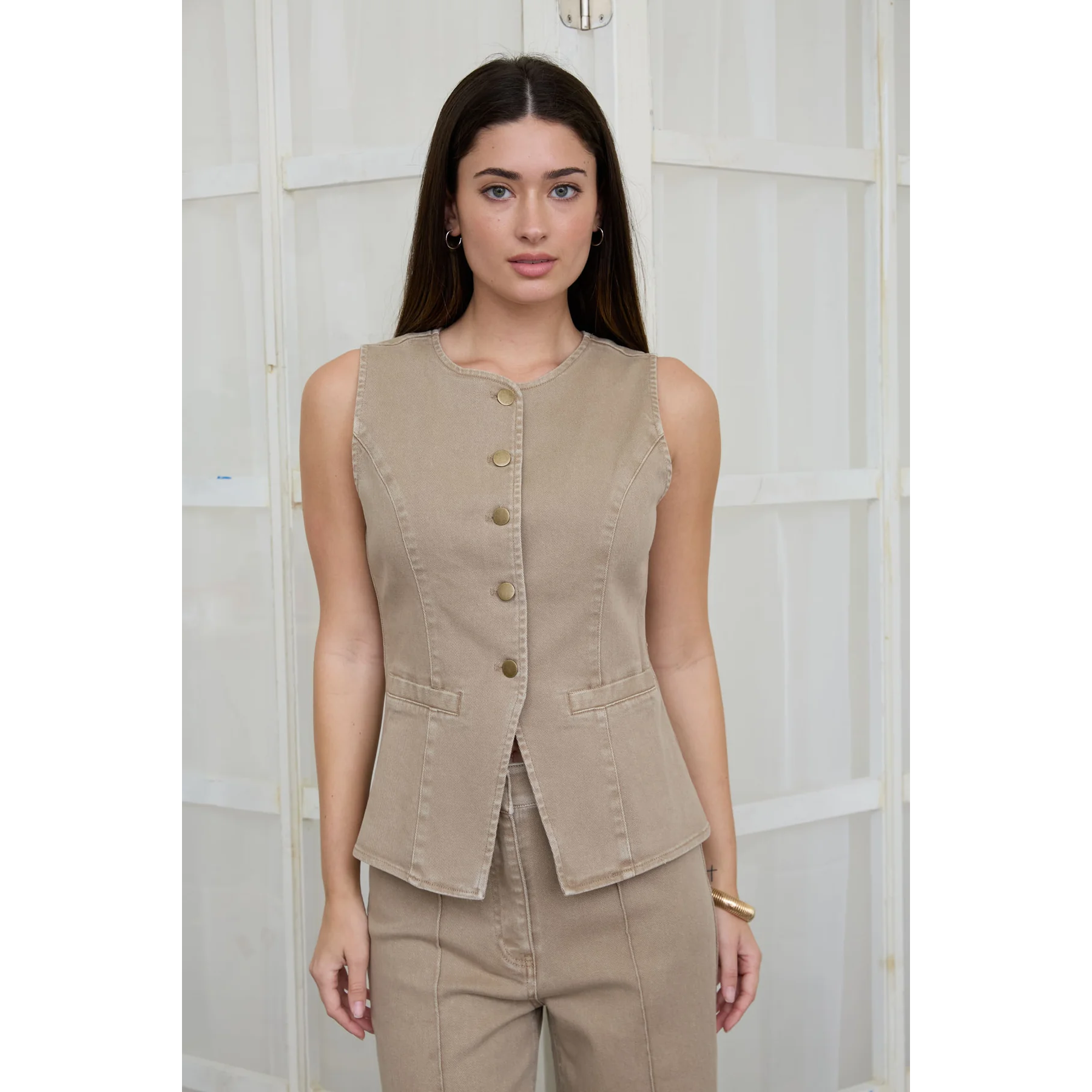 khaki button up vest
