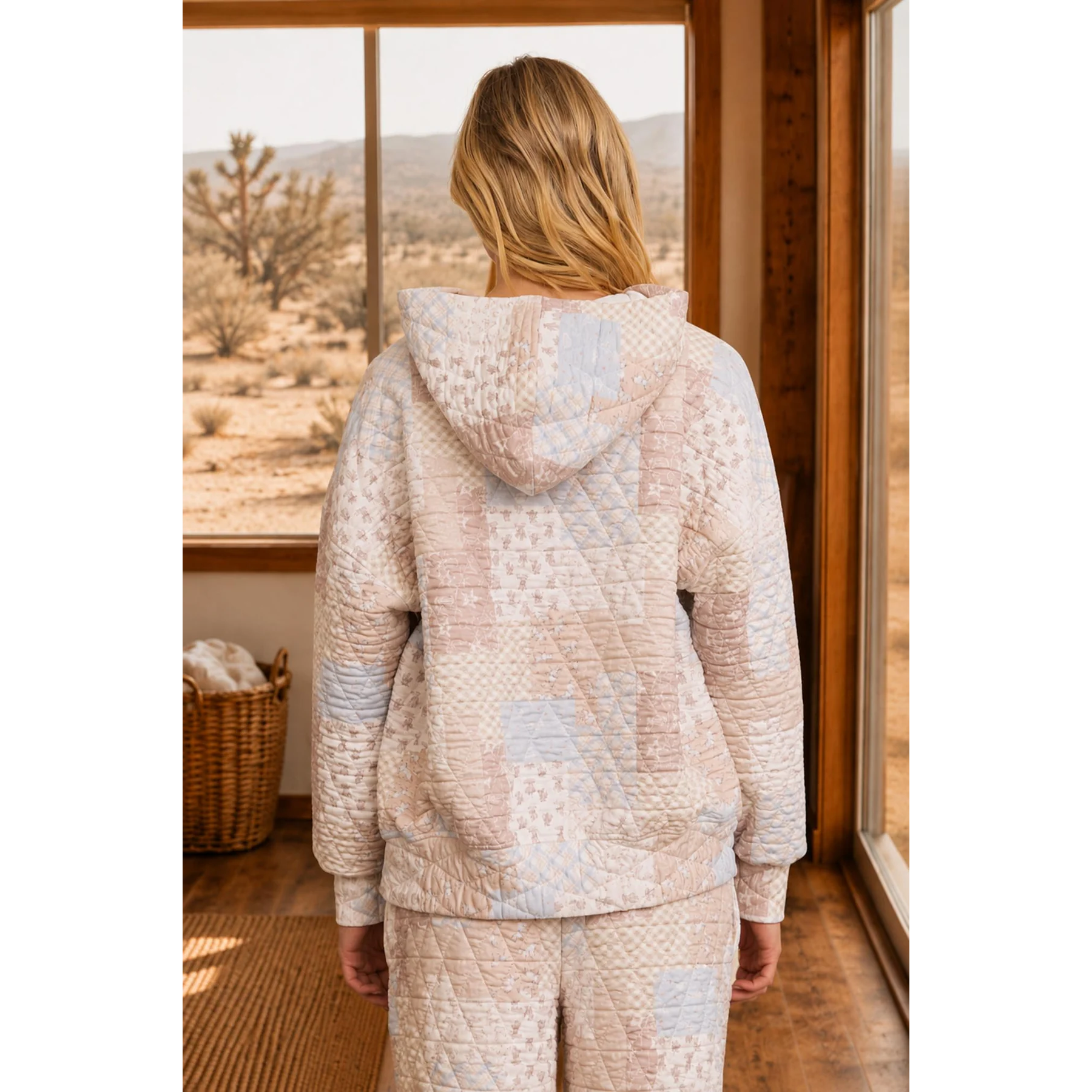 Western Patchwork Quilted Hoodie || Khaki Multi