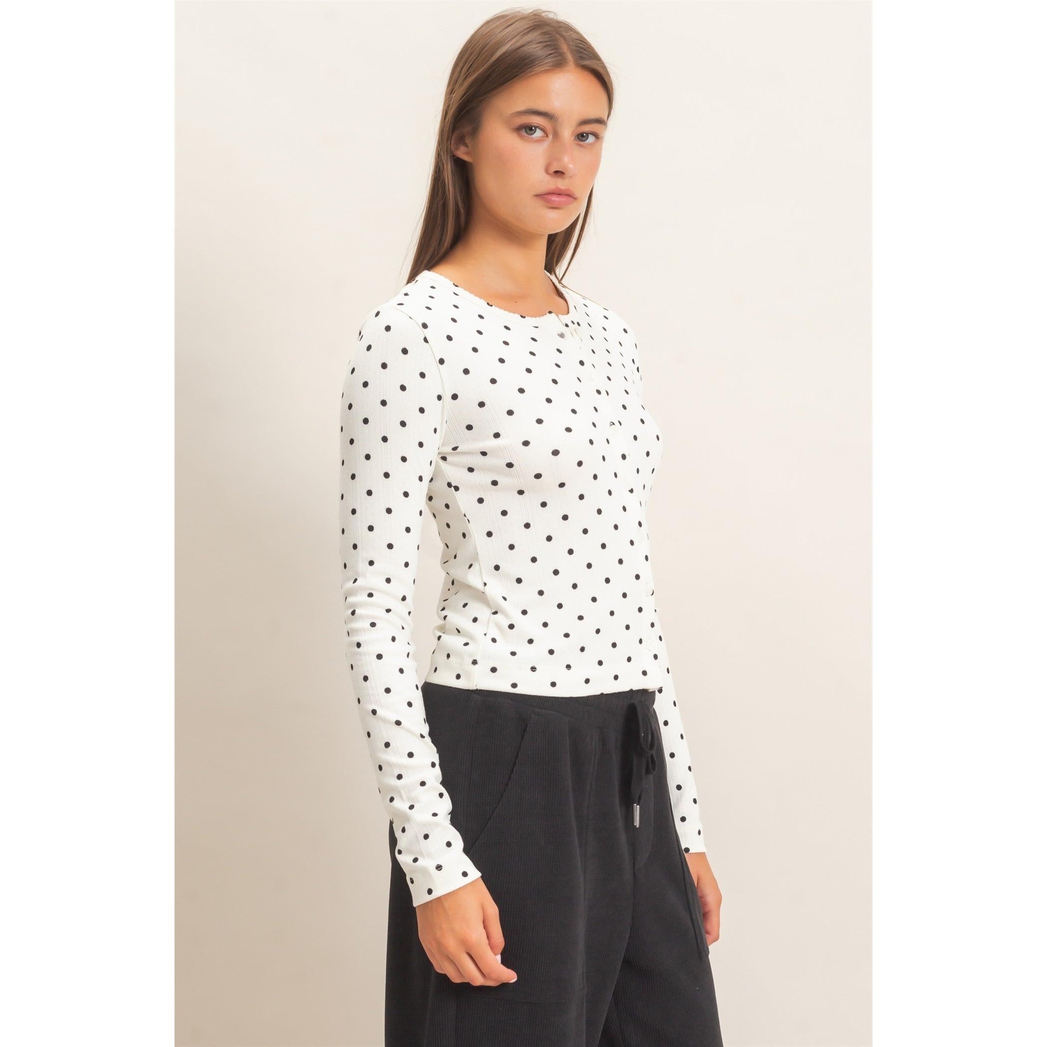 Polka Dot Button Front Long Sleeve Top