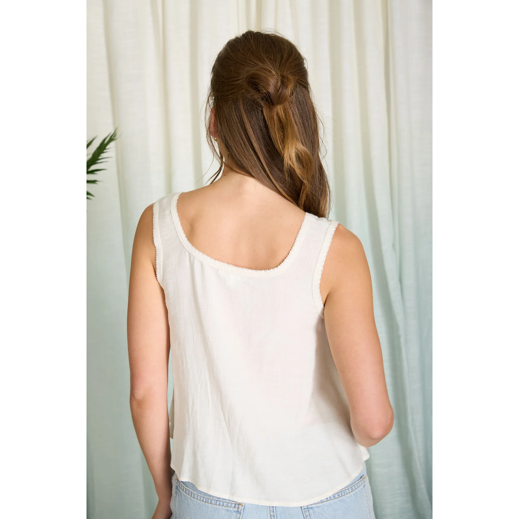Front Tie Button Down Sleeveless Top || Oatmeal