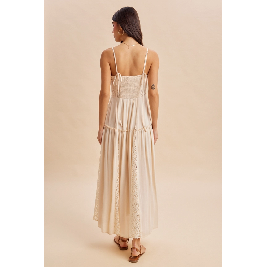Flowy Lace Paneled Maxi Dress || Cloud Dancer