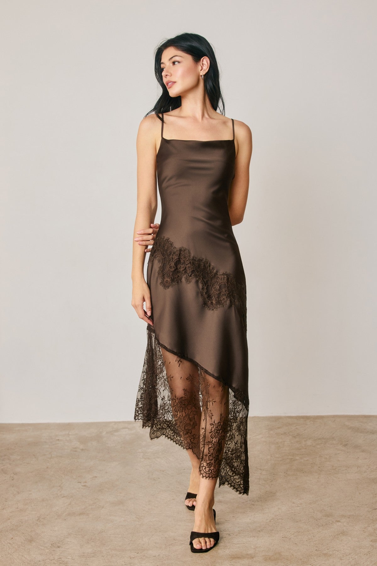 Asymmetrical Lace Trim Midi Slip Dress