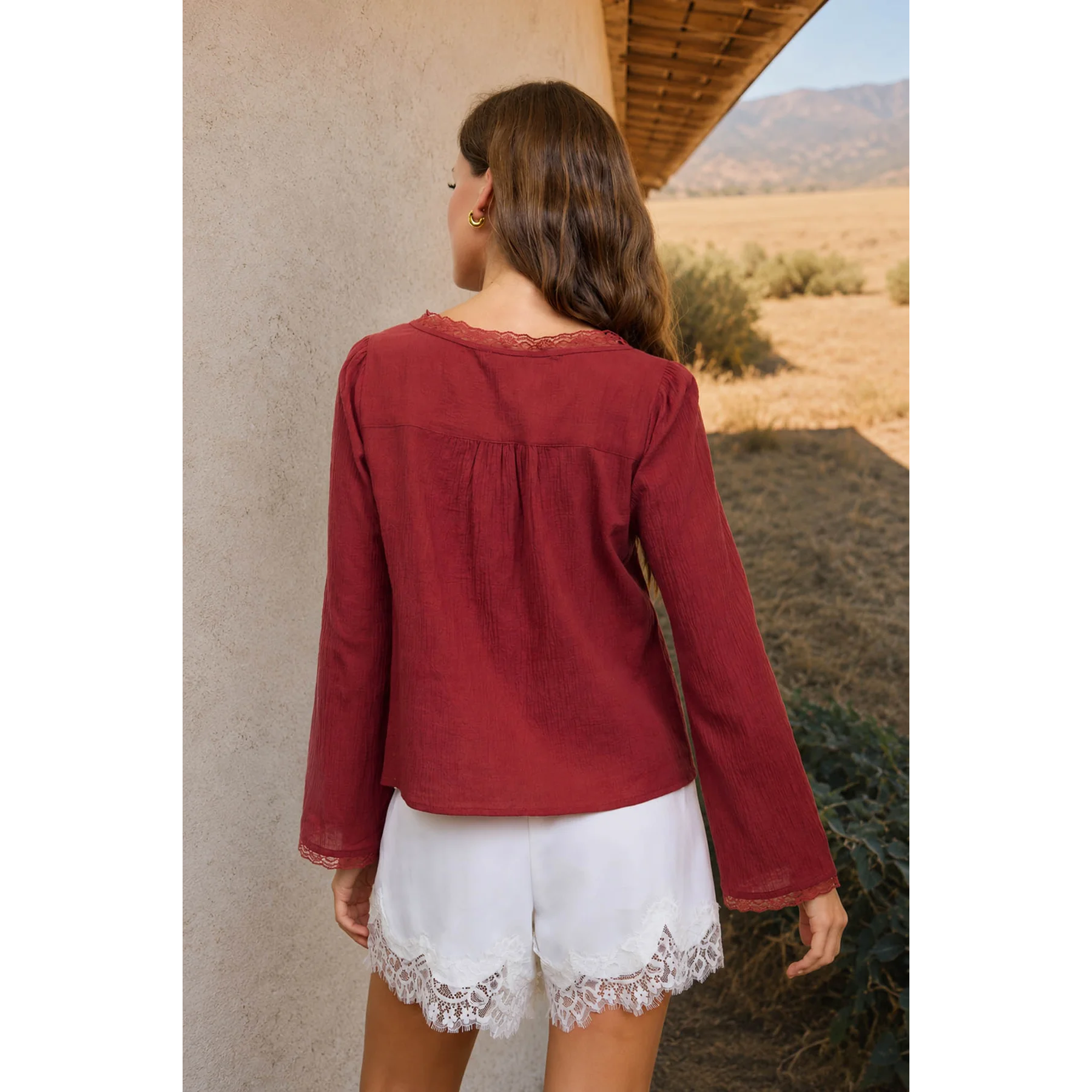 Front Tie Lace Trim Long Sleeve Top || Brick
