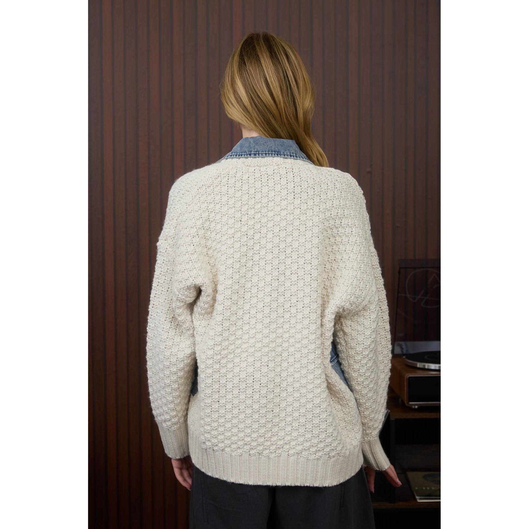 Mixed Media Denim Cable Knit Sweater Jacket || Natural