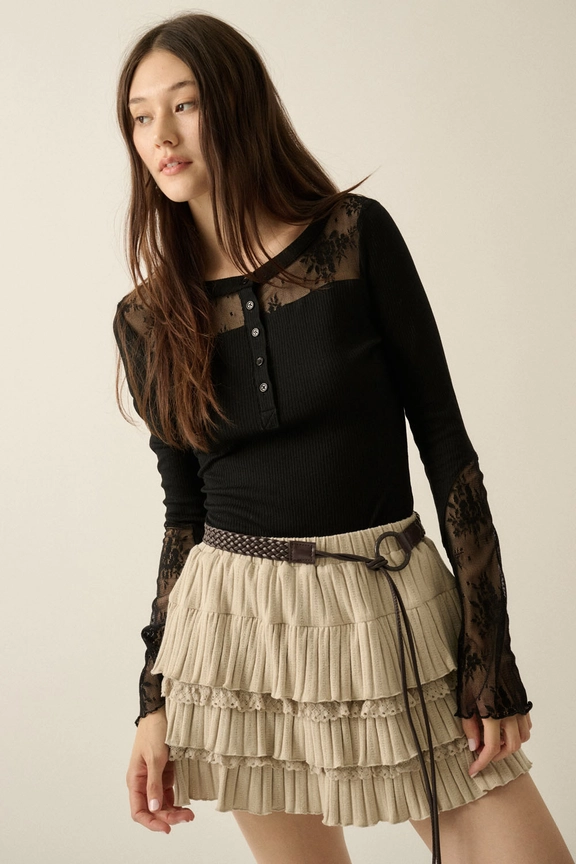 Lace Long-Sleeve Split-Cuff Henley Top || Black