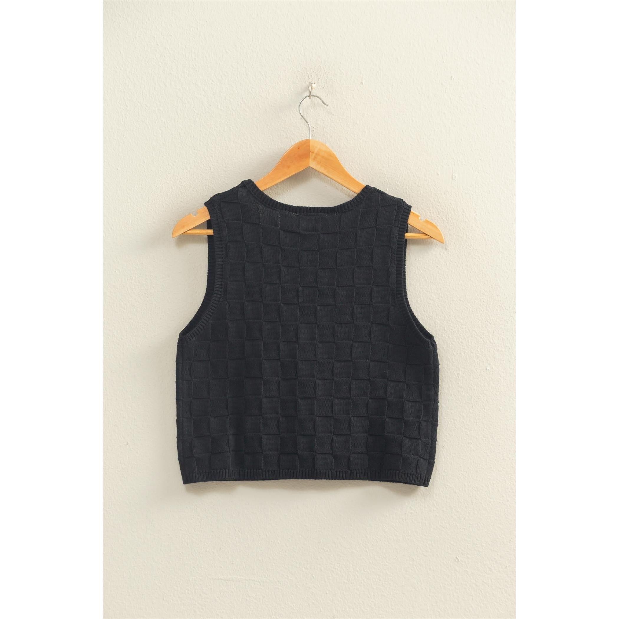 Basket Weave Button Sweater Vest || Black