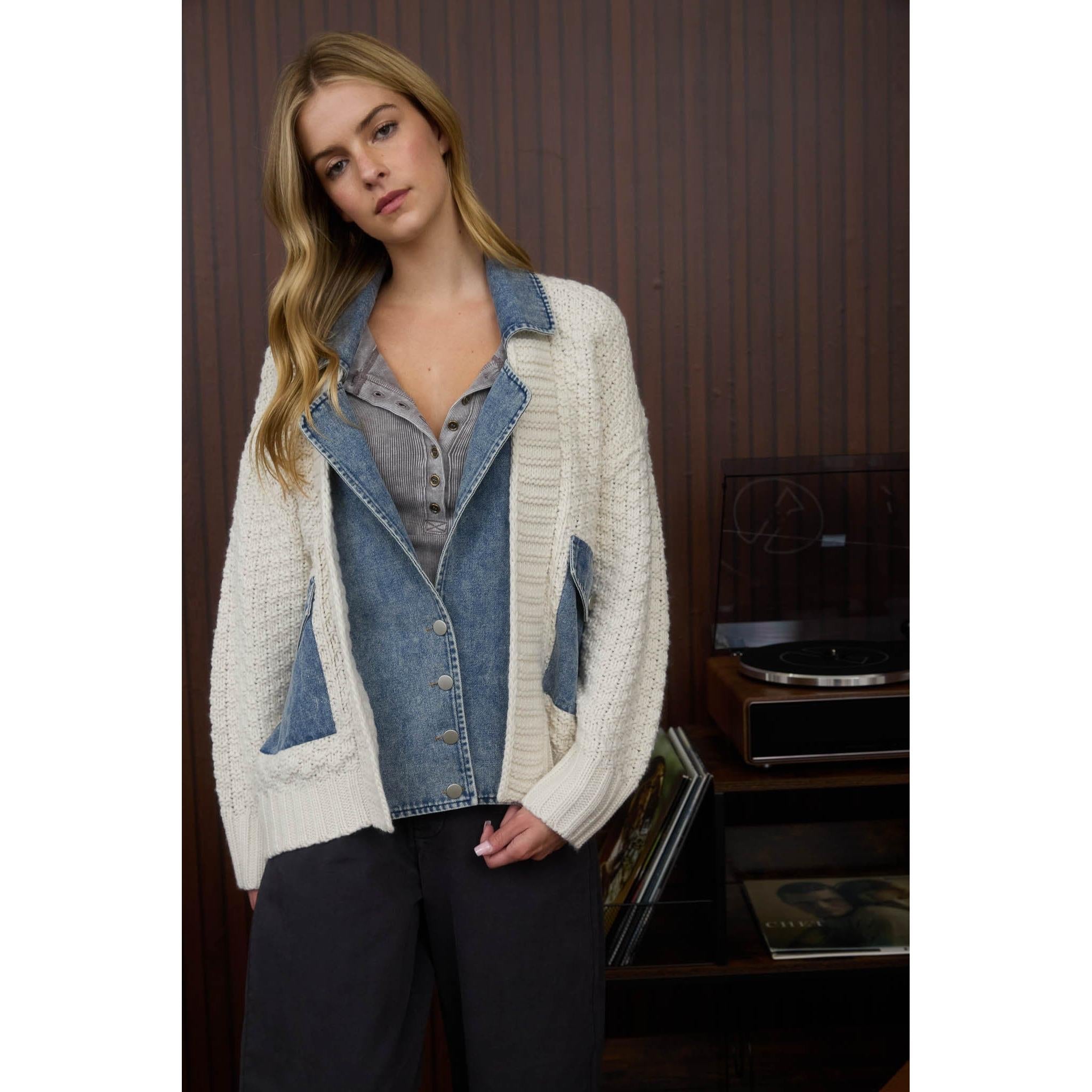 Mixed Media Denim Cable Knit Sweater Jacket || Natural