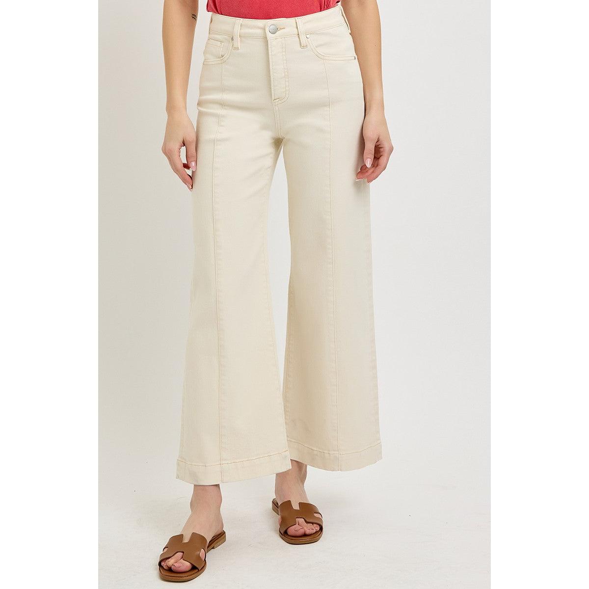 Risen Tummy Control High Rise Crop Wide Jeans || Ivory