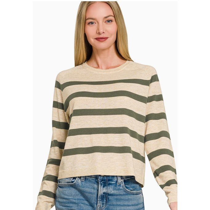 women's beige and green striped sweater