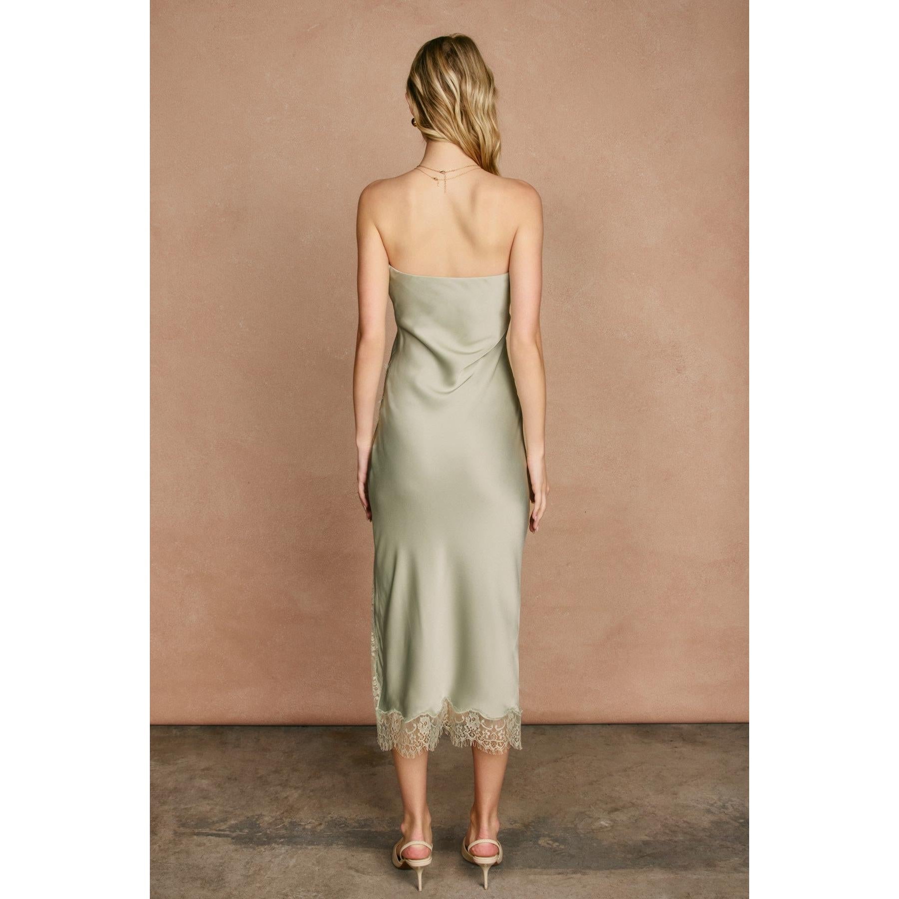 Satin & Lace Strapless Midi Dress || Light Sage