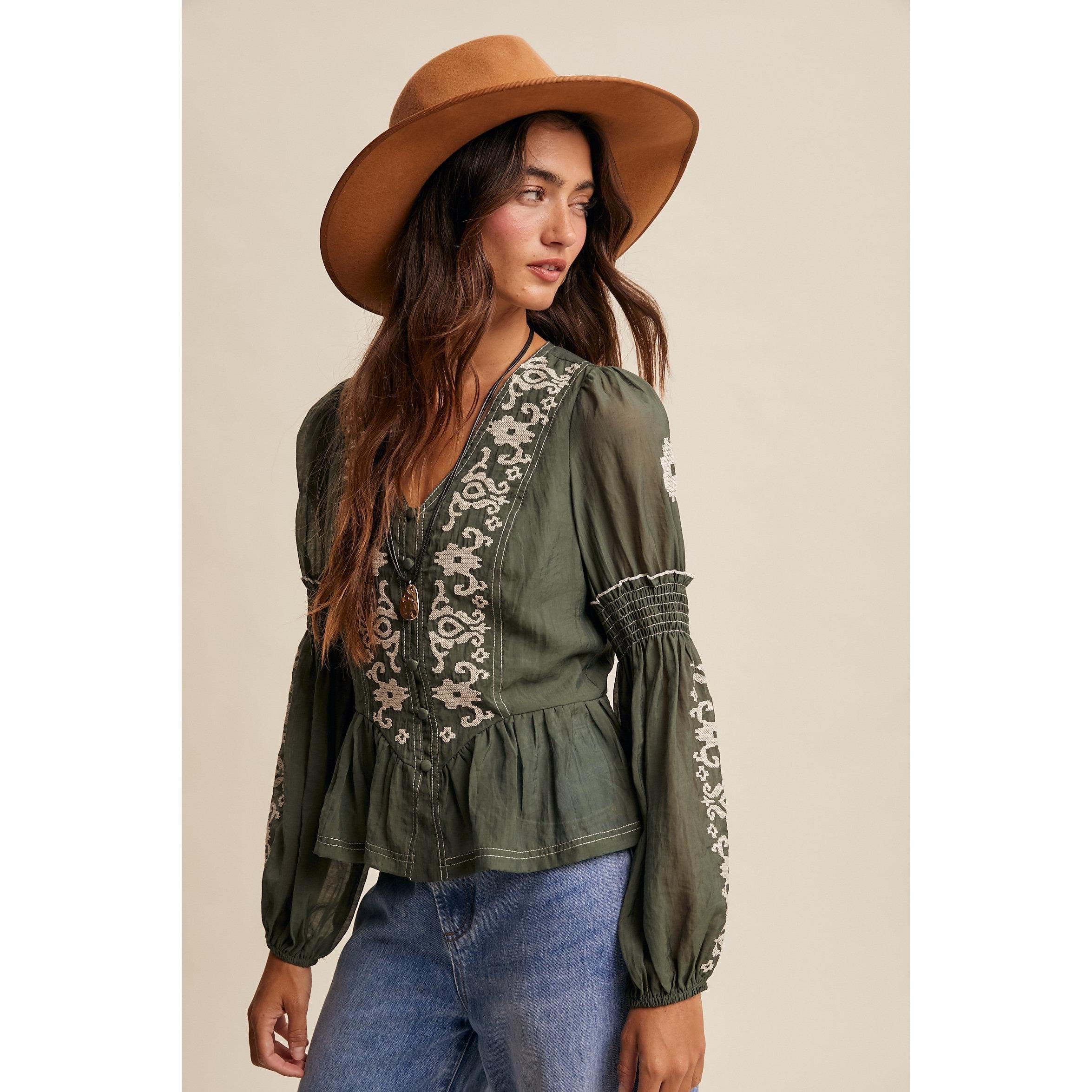 Embroidered Button Front Top || Deep Green