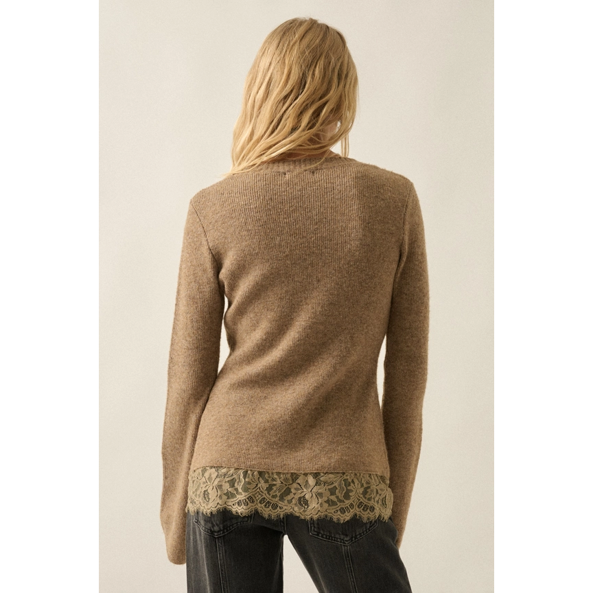 Split-Front Lace-Trim Bell-Sleeve Sweater || Taupe