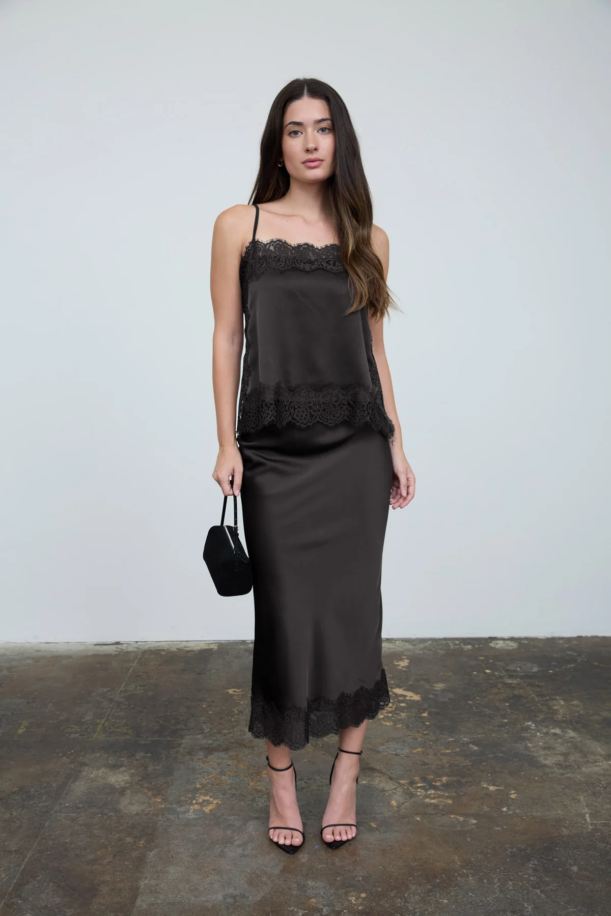 Satin Lace Hem Back Slit Pencil Skirt || Black