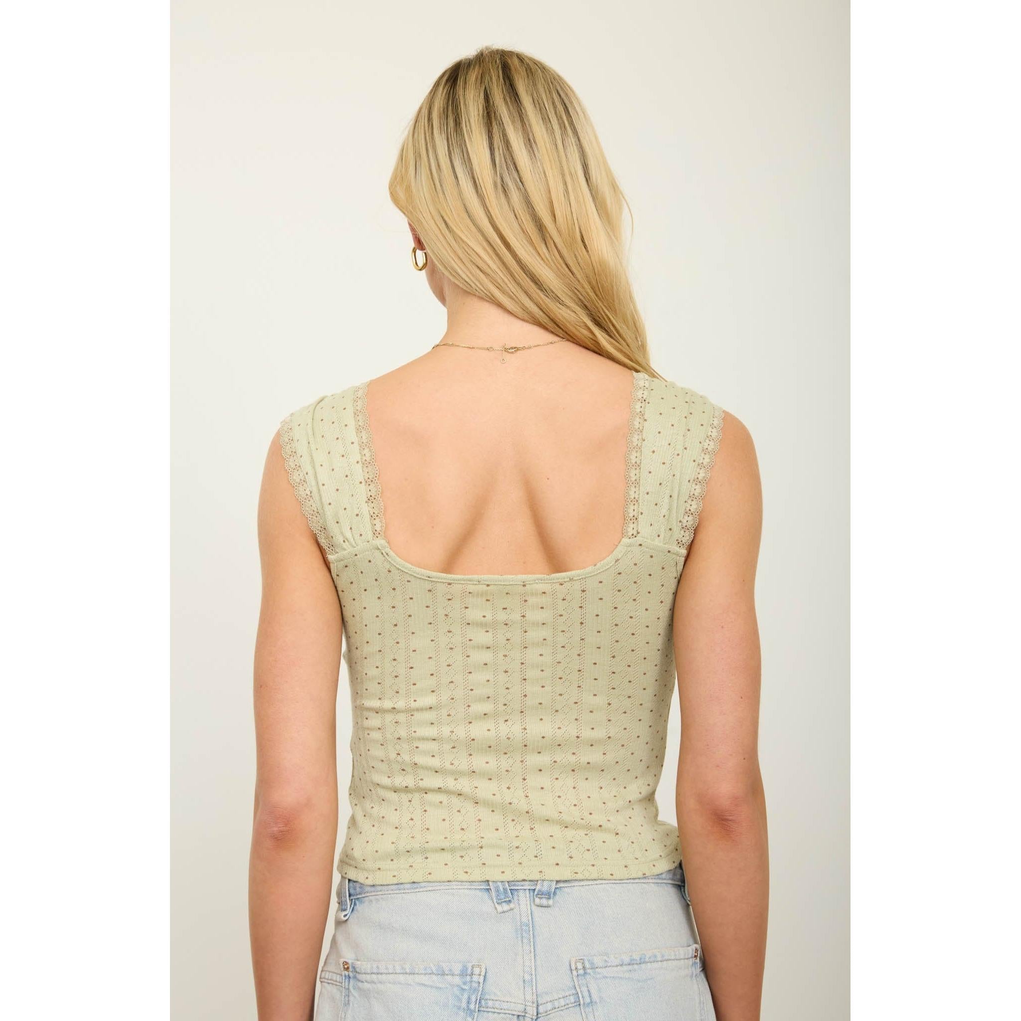 Polka Dot Pointelle Front Tie Top || Olive