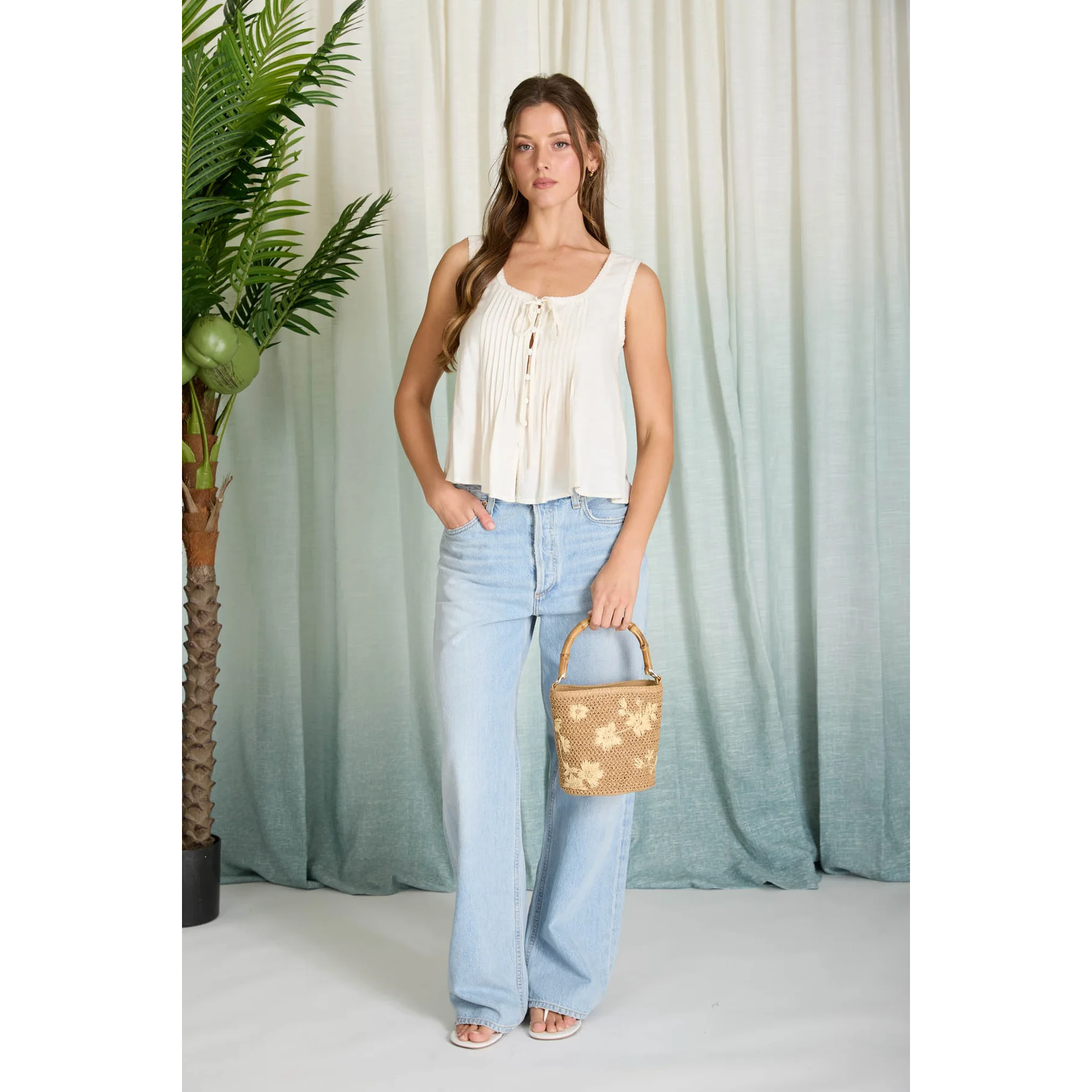 Front Tie Button Down Sleeveless Top || Oatmeal