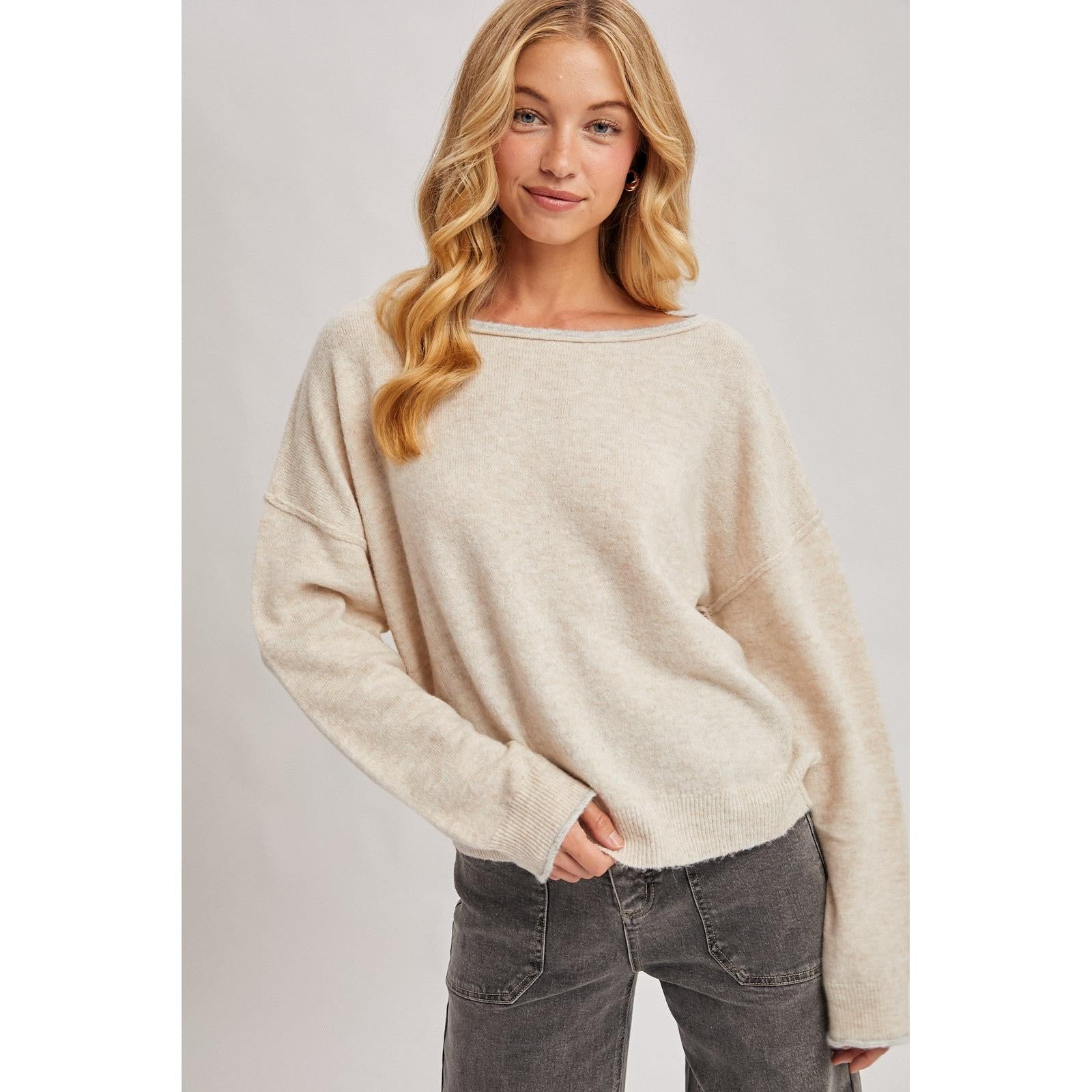 Rolled Trim Soft Knit Pullover 