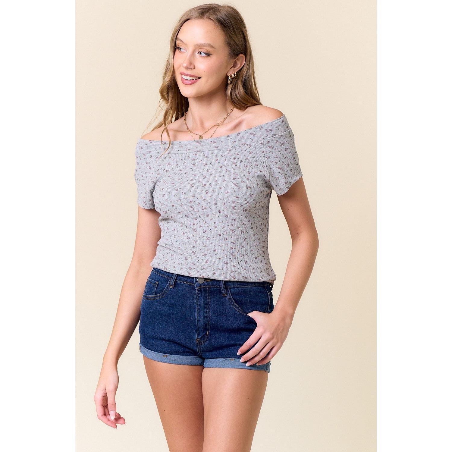Floral Rib Off The Shoulder Top
