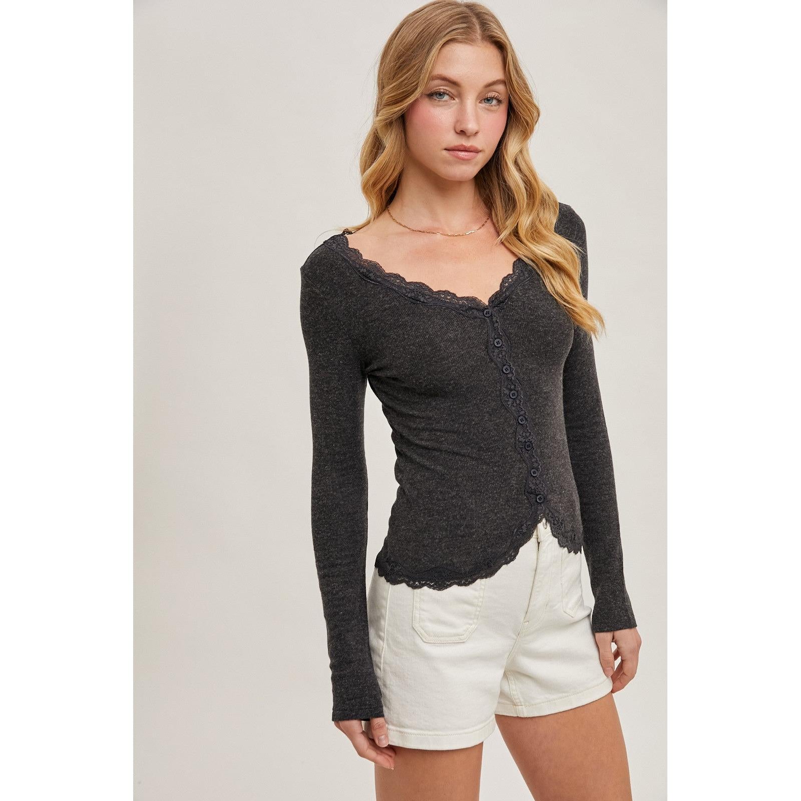 Lace Trimmed Knit Cardigan Top || Charcoal