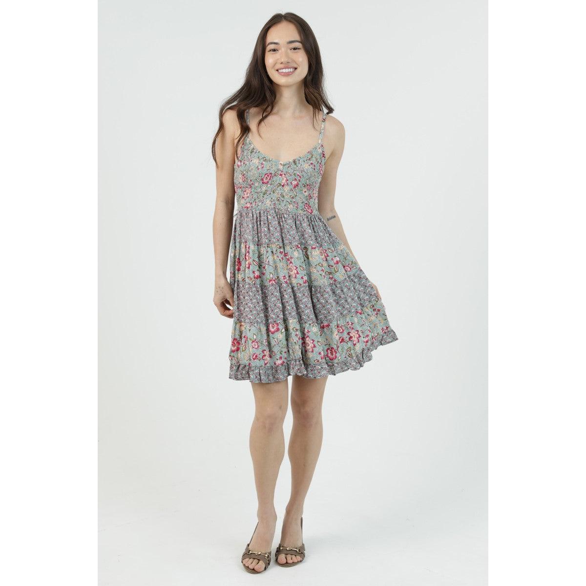smocked floral print spaghetti strap dress
