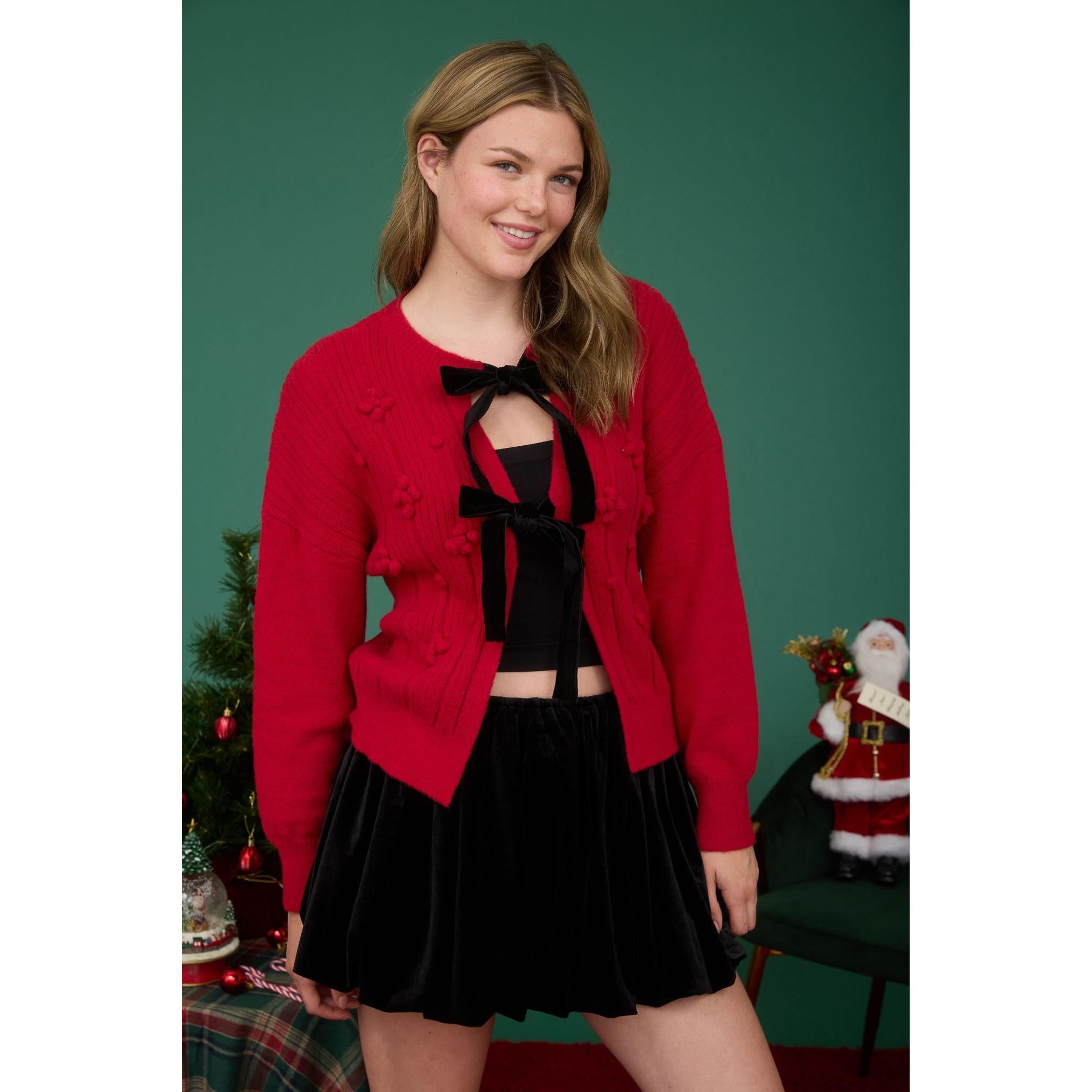 Red Pom Pom & Velvet Bow Cardigan 