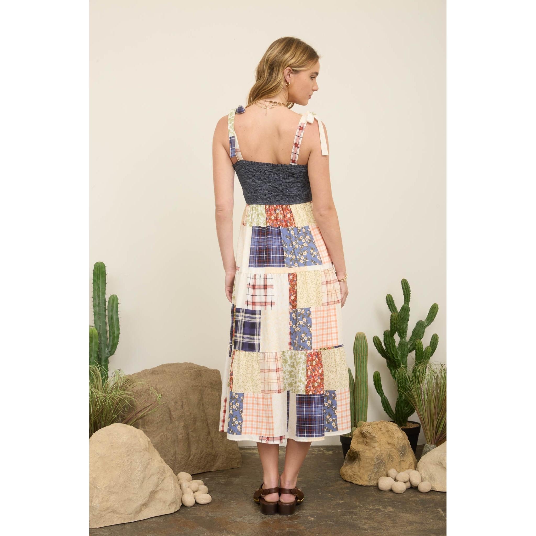 Smocked Denim Patchwork Maxi Dress || Denim Multi