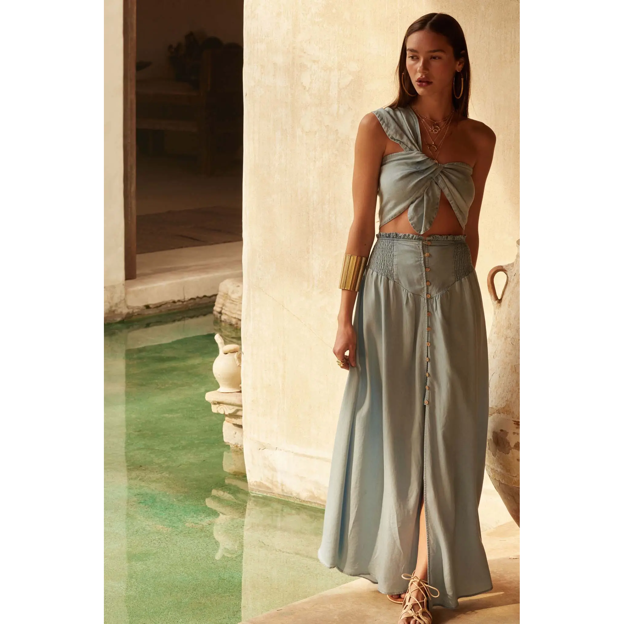chambray maxi skirt, yoke front maxi skirt, button down maxi skirt
