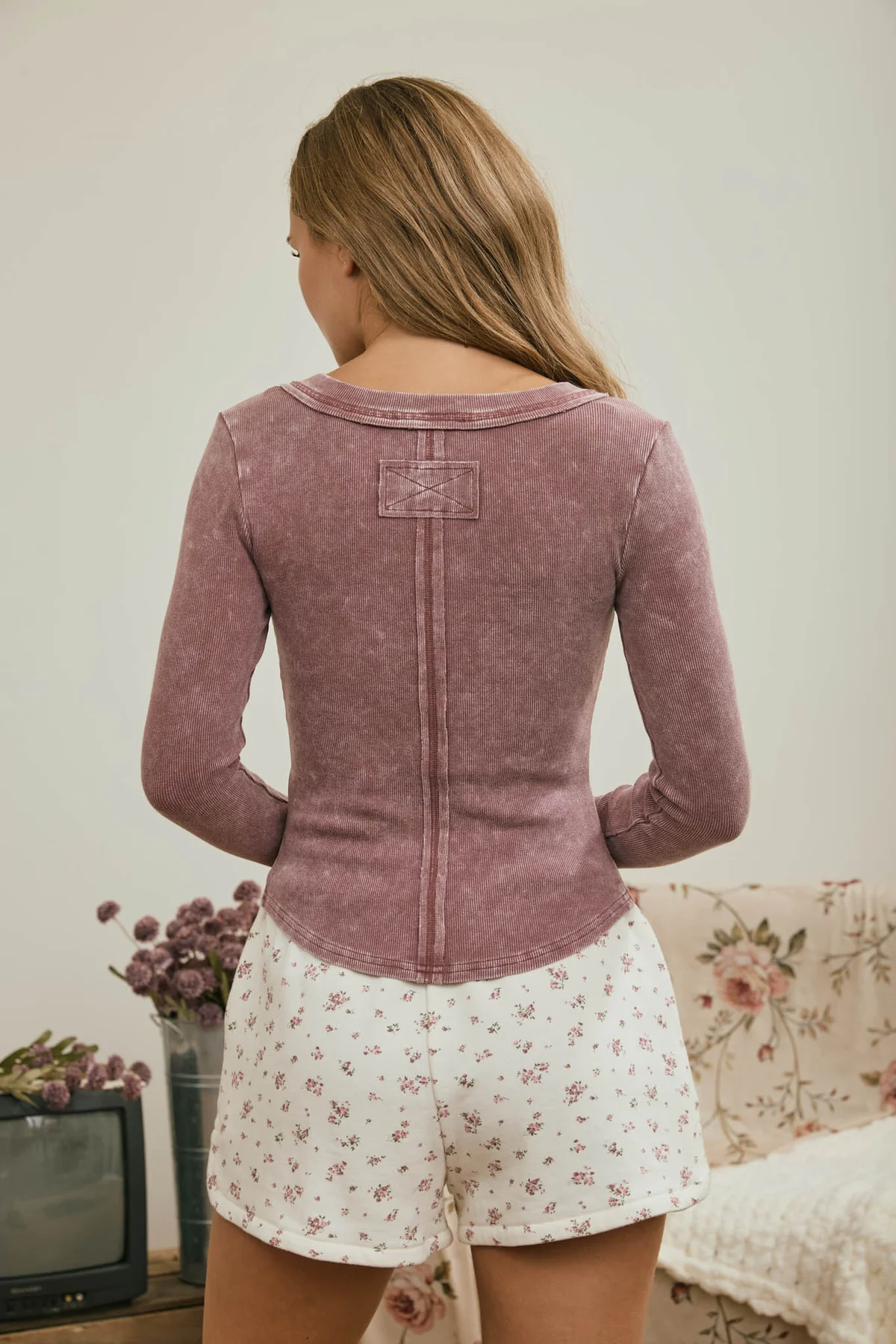 Washed Long Sleeve Ribbed Henley