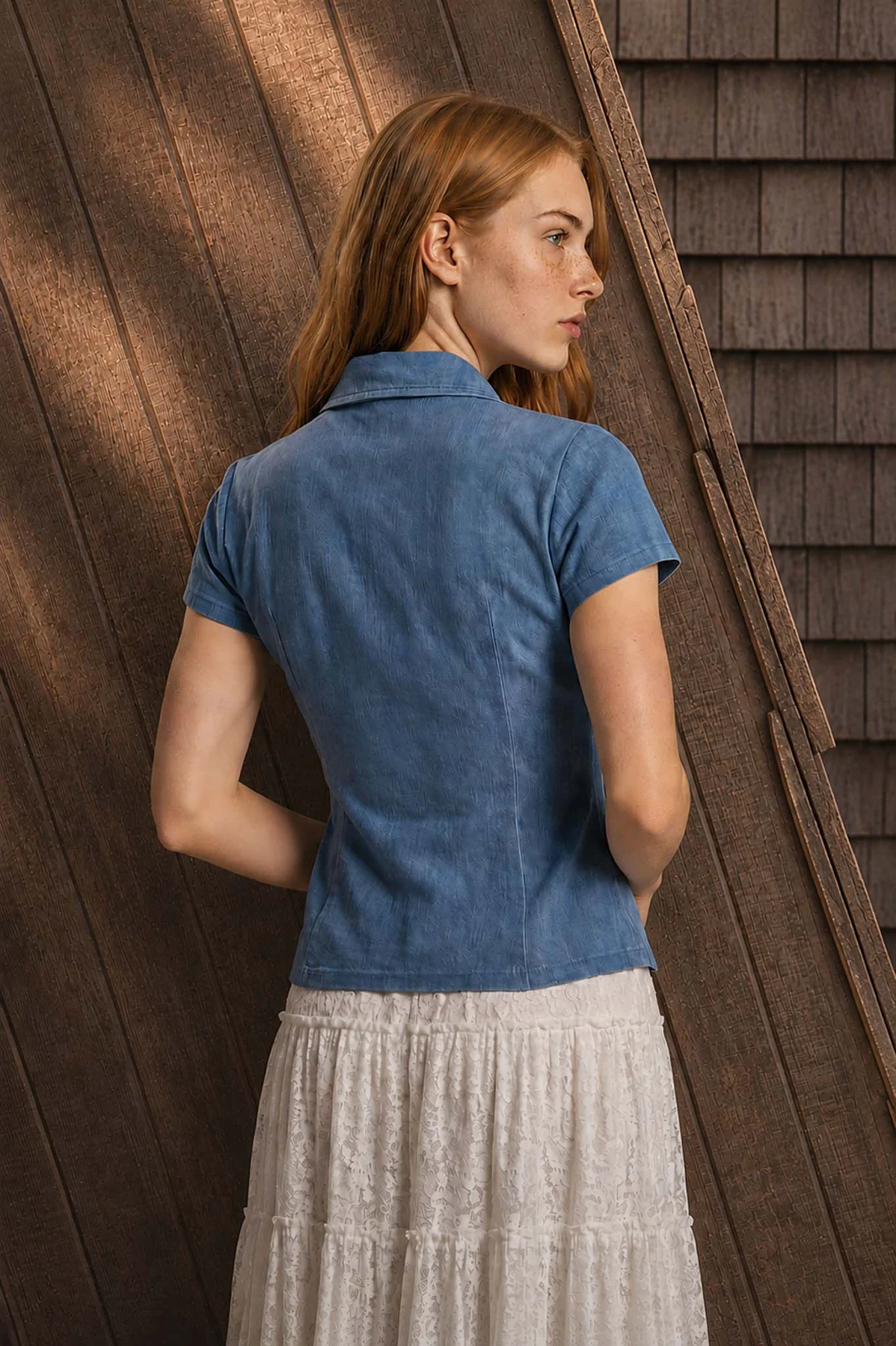 Button Down Cinched Waist Denim Top