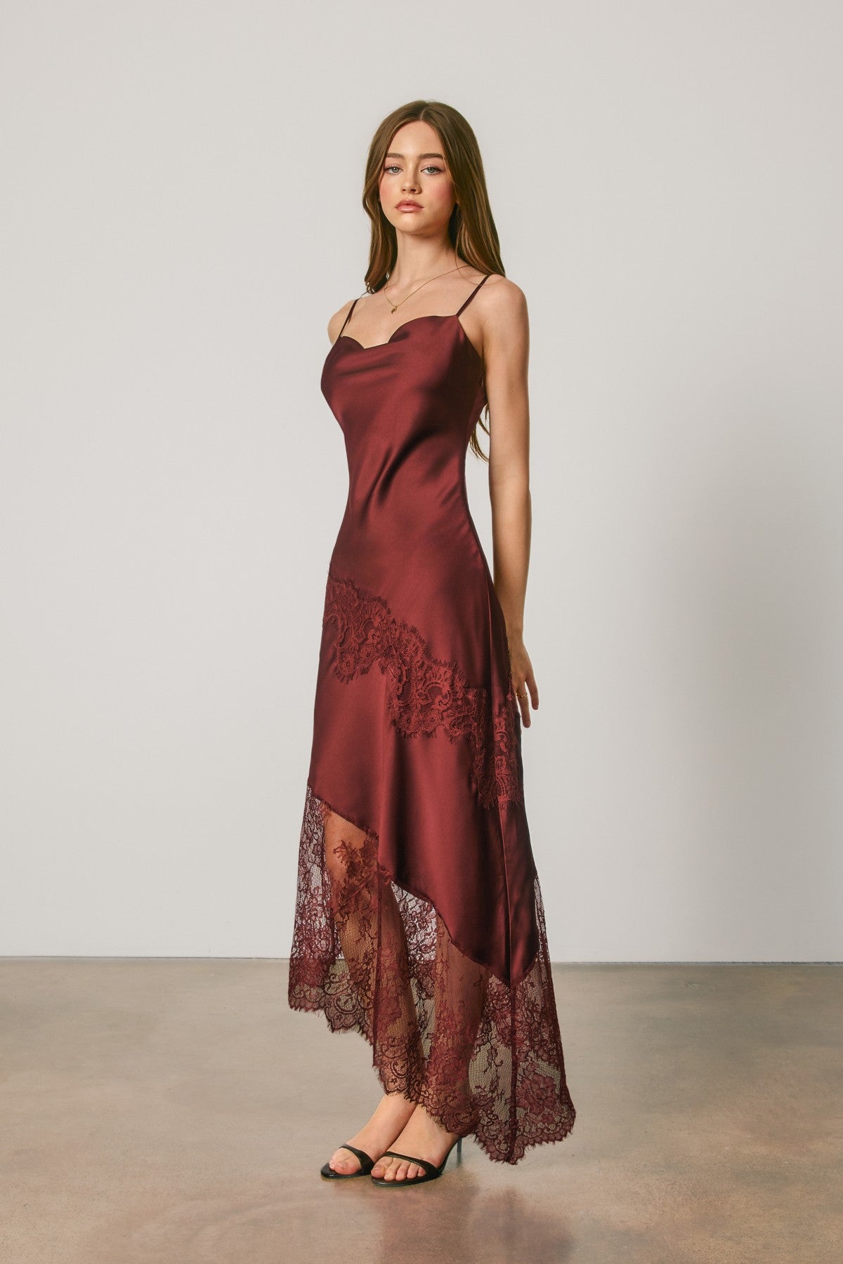 Asymmetrical Lace Trim Midi Slip Dress