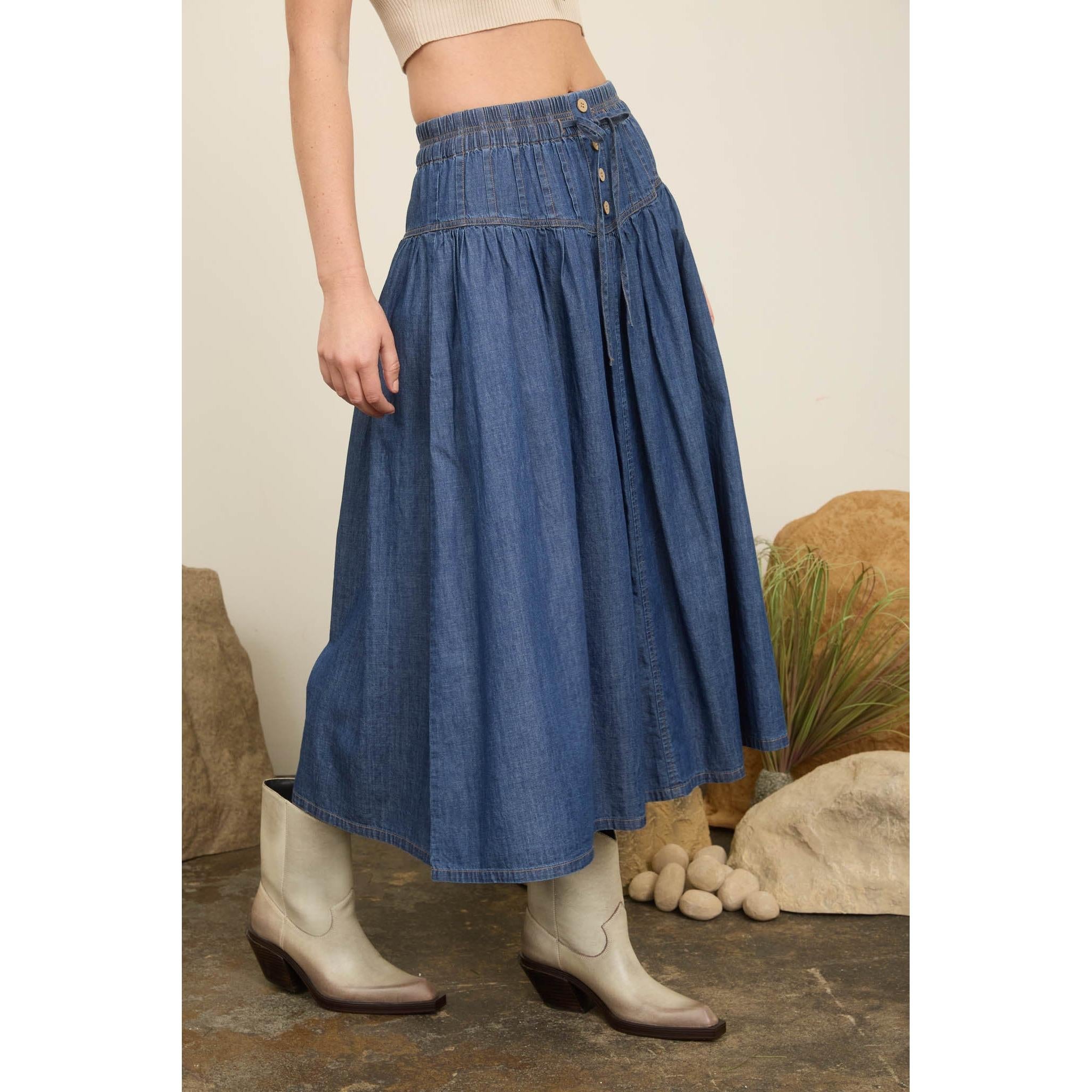 Yoke Detail Denim Maxi Skirt || Denim