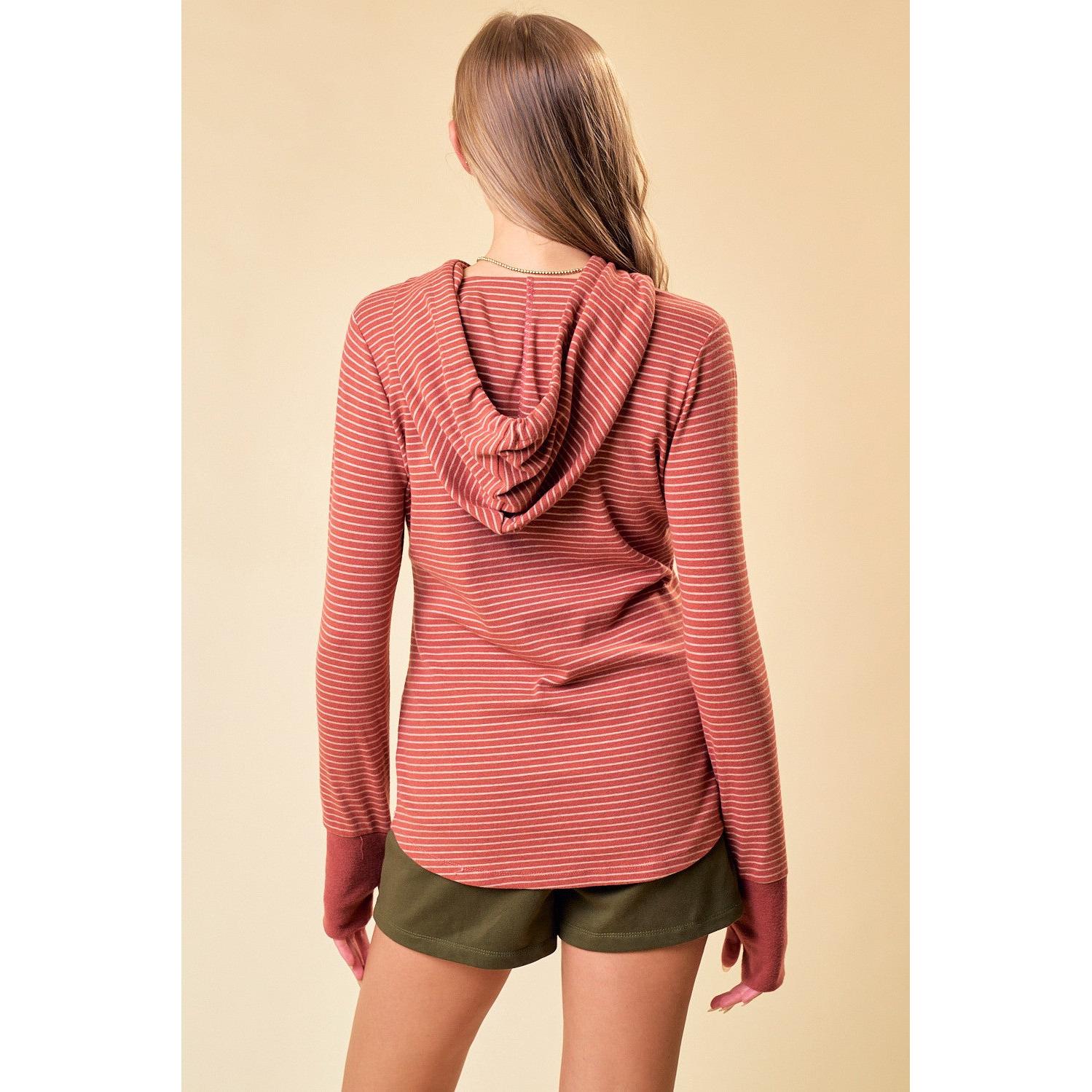 Ribbed Henley Top w/ Hood || Rust